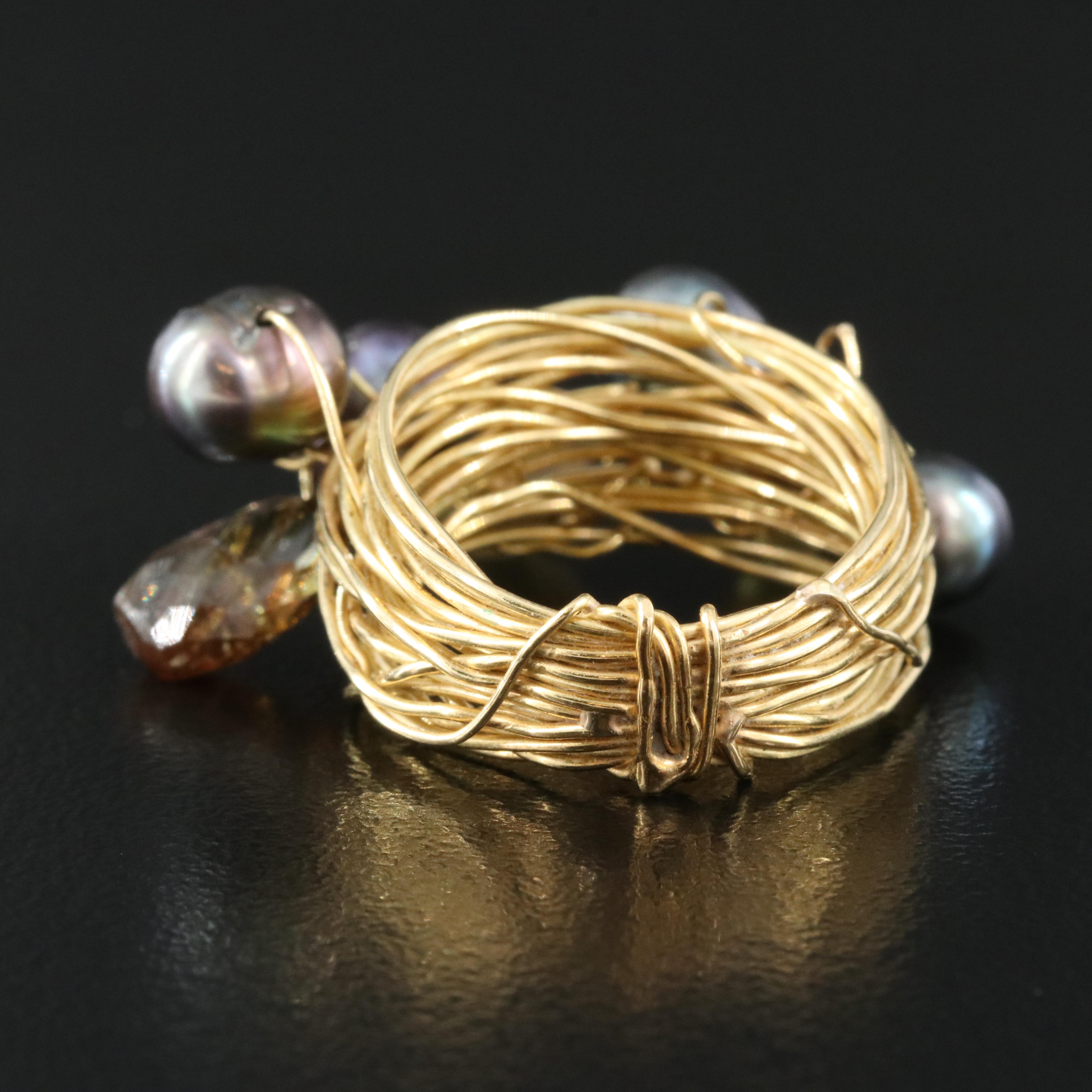 14K Andalusite and Pearl Wire Wrap Ring