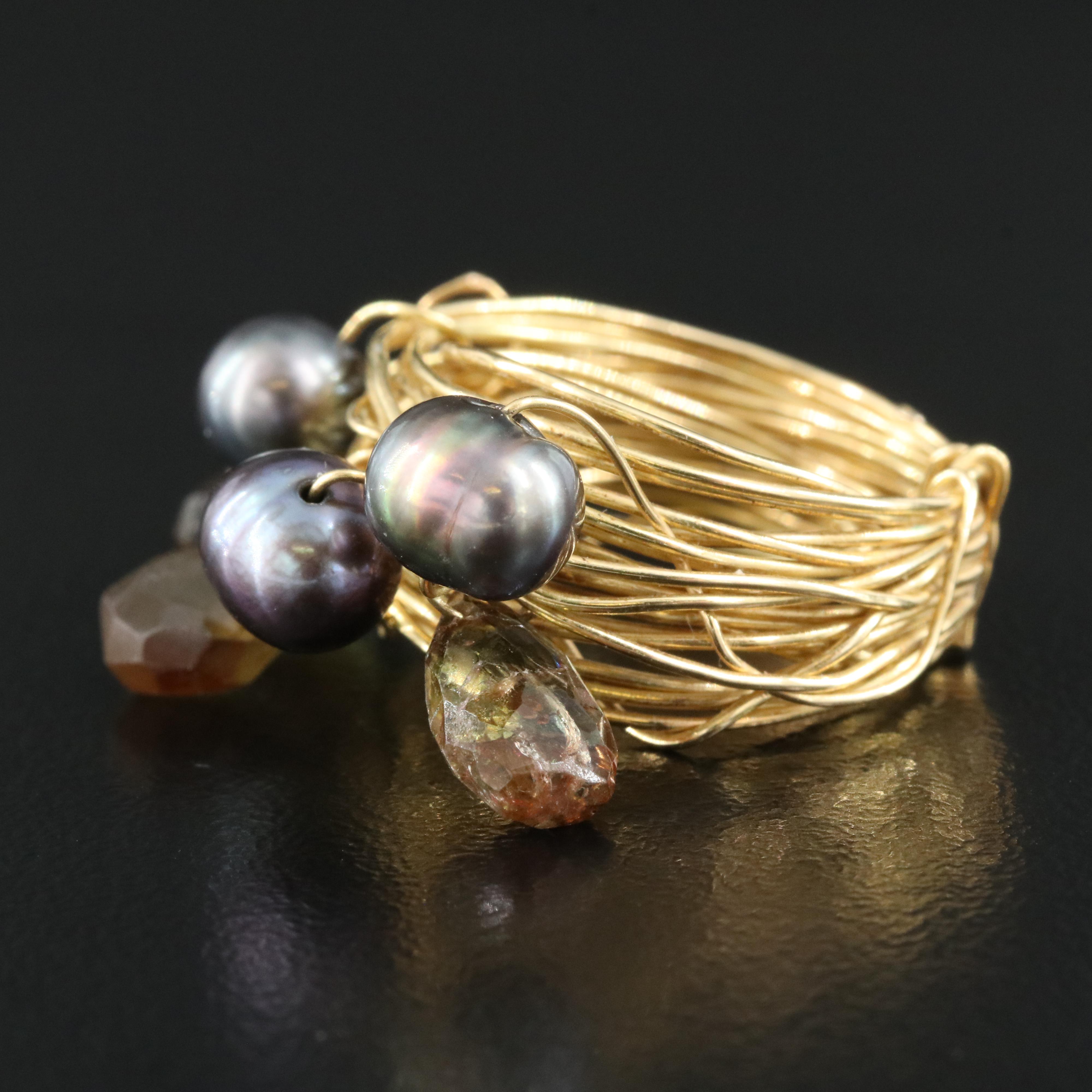 14K Andalusite and Pearl Wire Wrap Ring