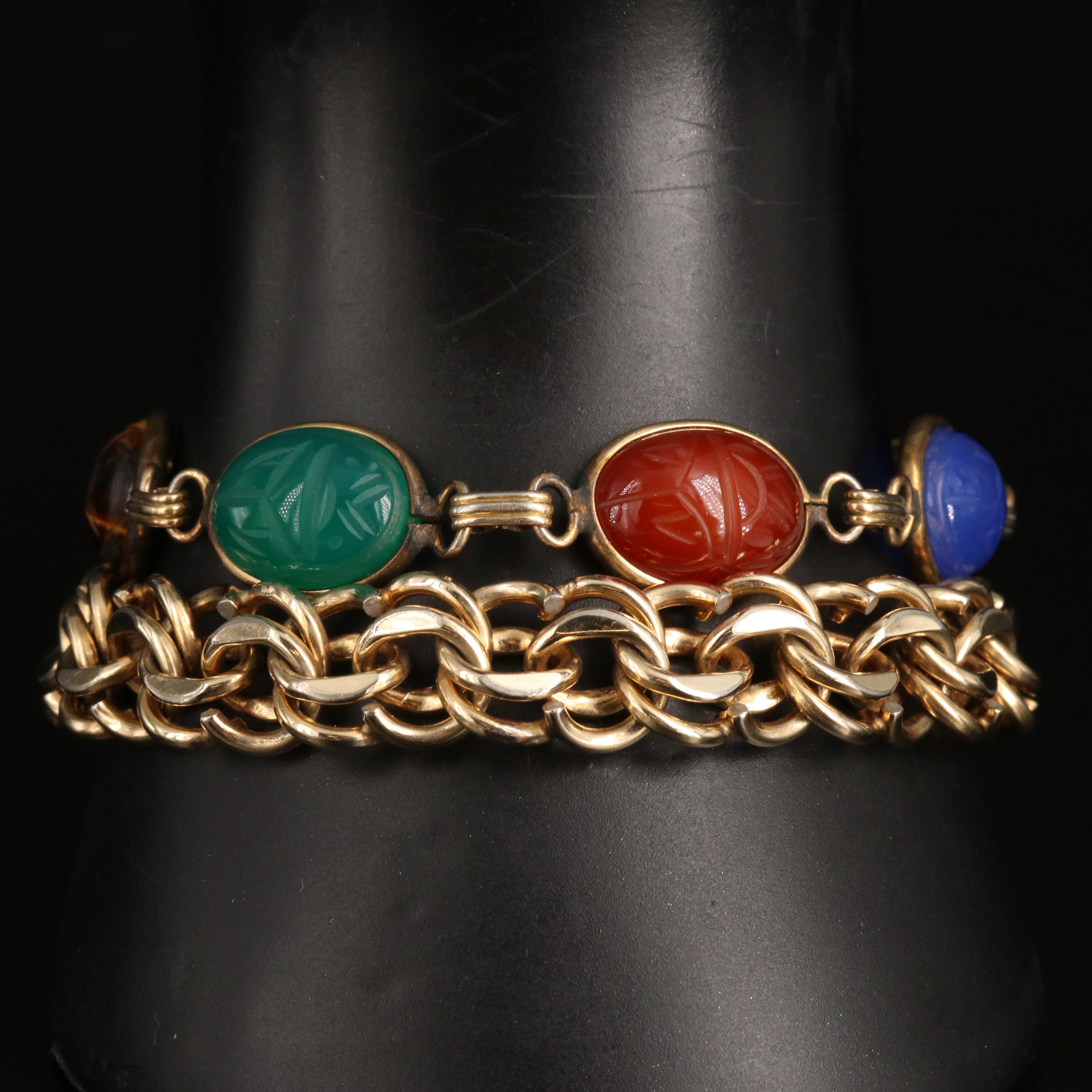 Vintage Coro Scarab Bracelet with Gold-Filled Chain Bracelet