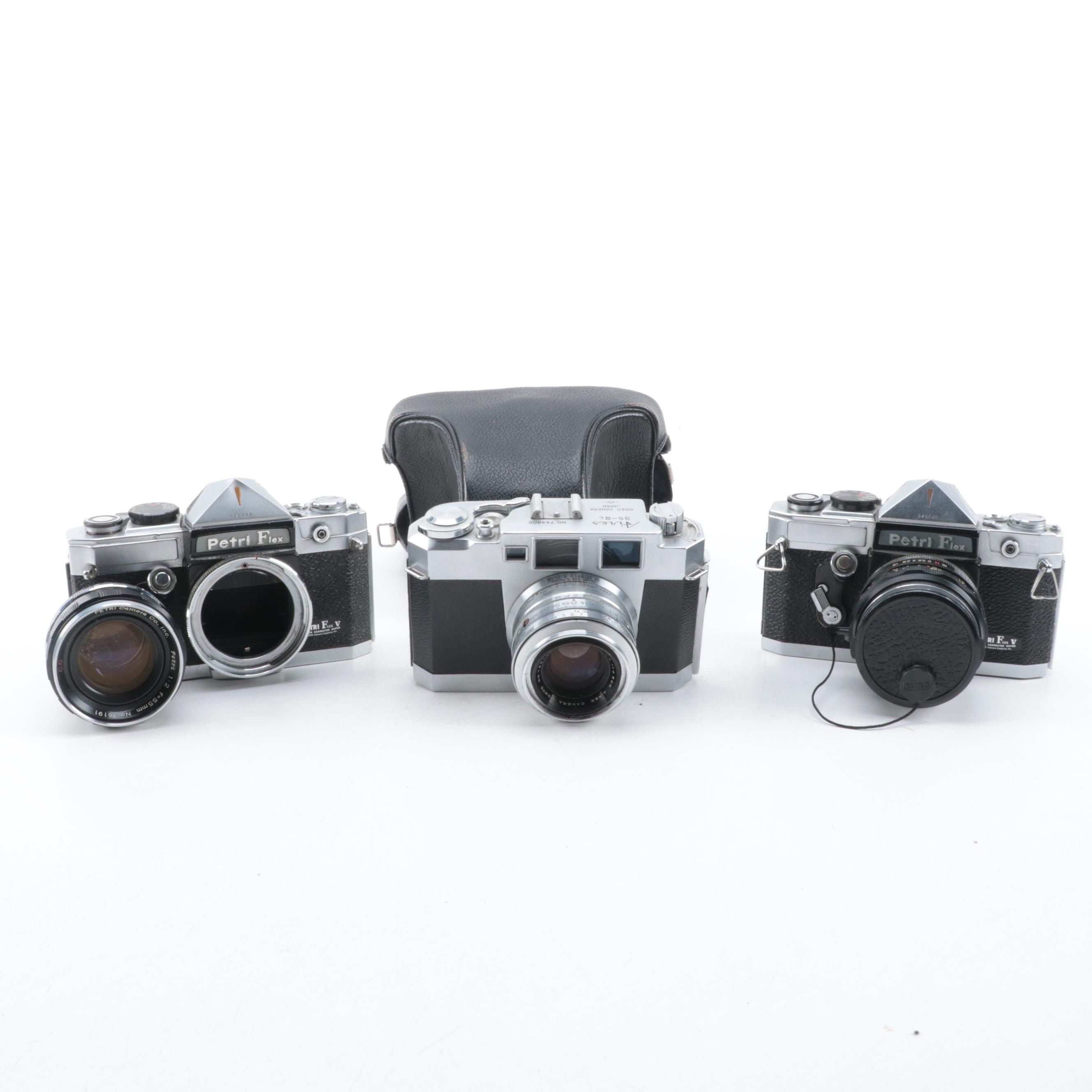 Petri Flex V and Aries 35-IIIL 35 mm Cameras with Lens, Mid-20th Century