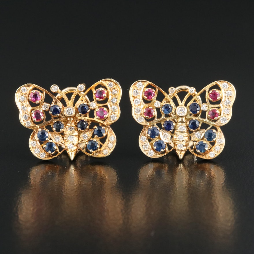 14K Ruby, Sapphire and Diamond Butterfly Earrings
