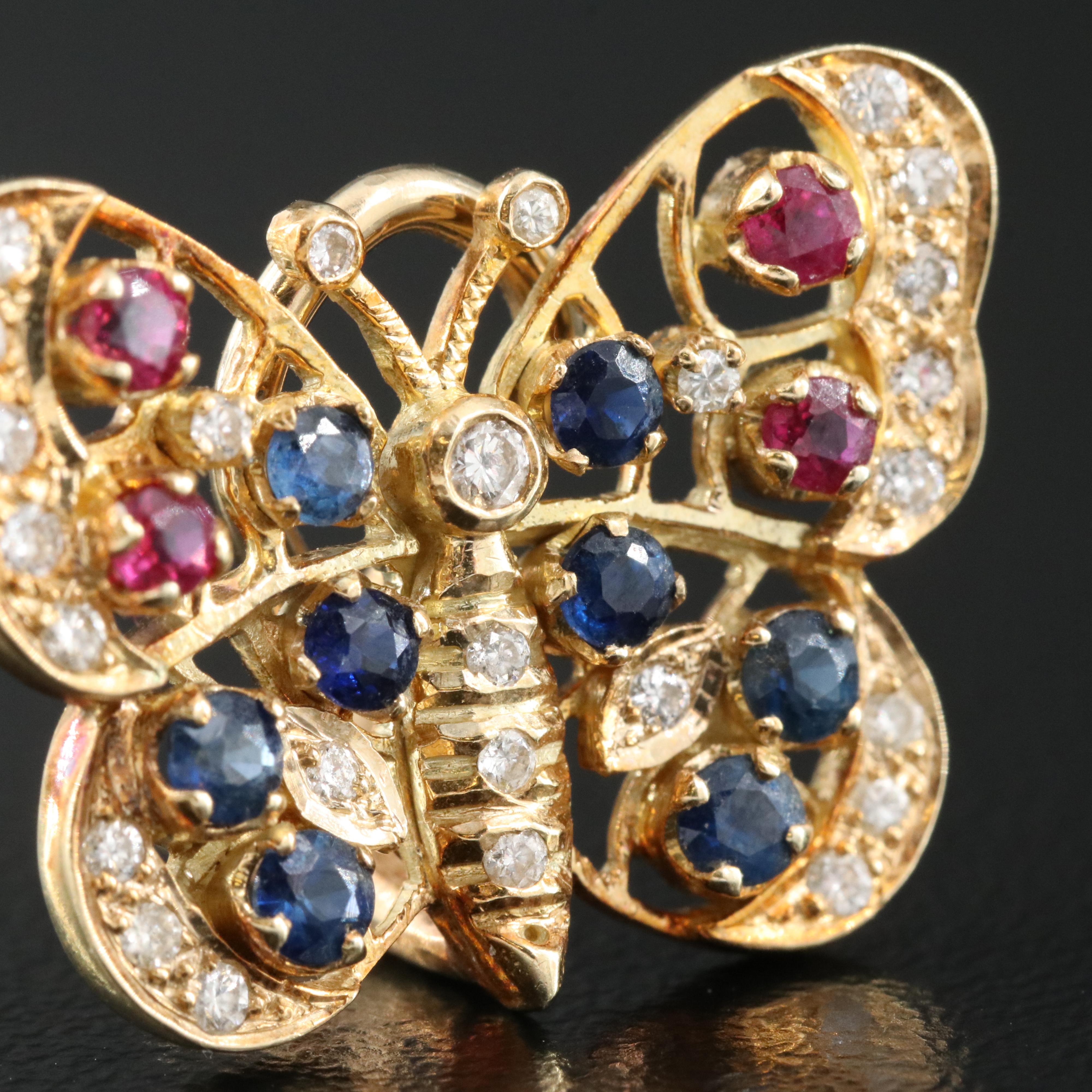 14K Ruby, Sapphire and Diamond Butterfly Earrings