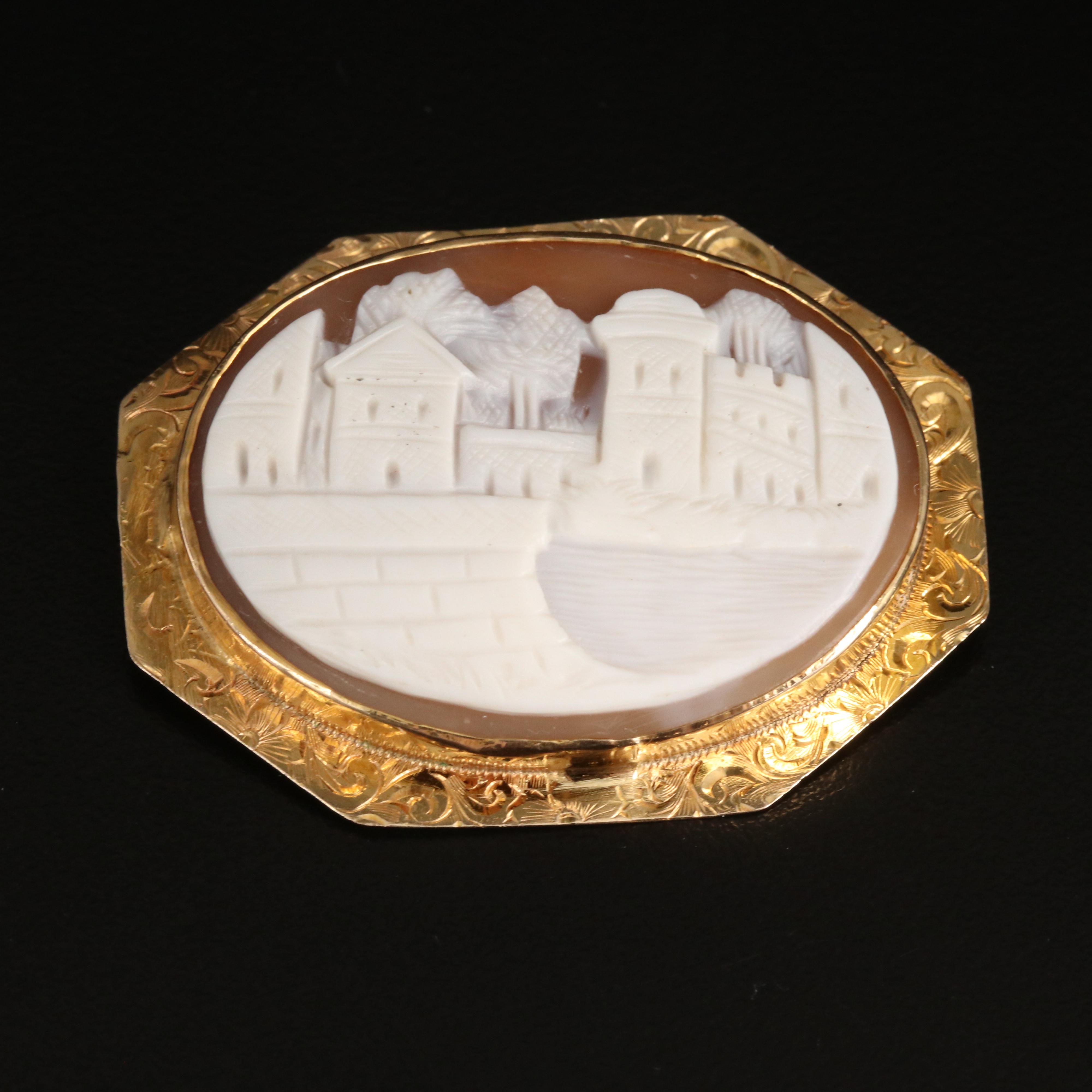 10K Shell City Scape Cameo Converter Brooch