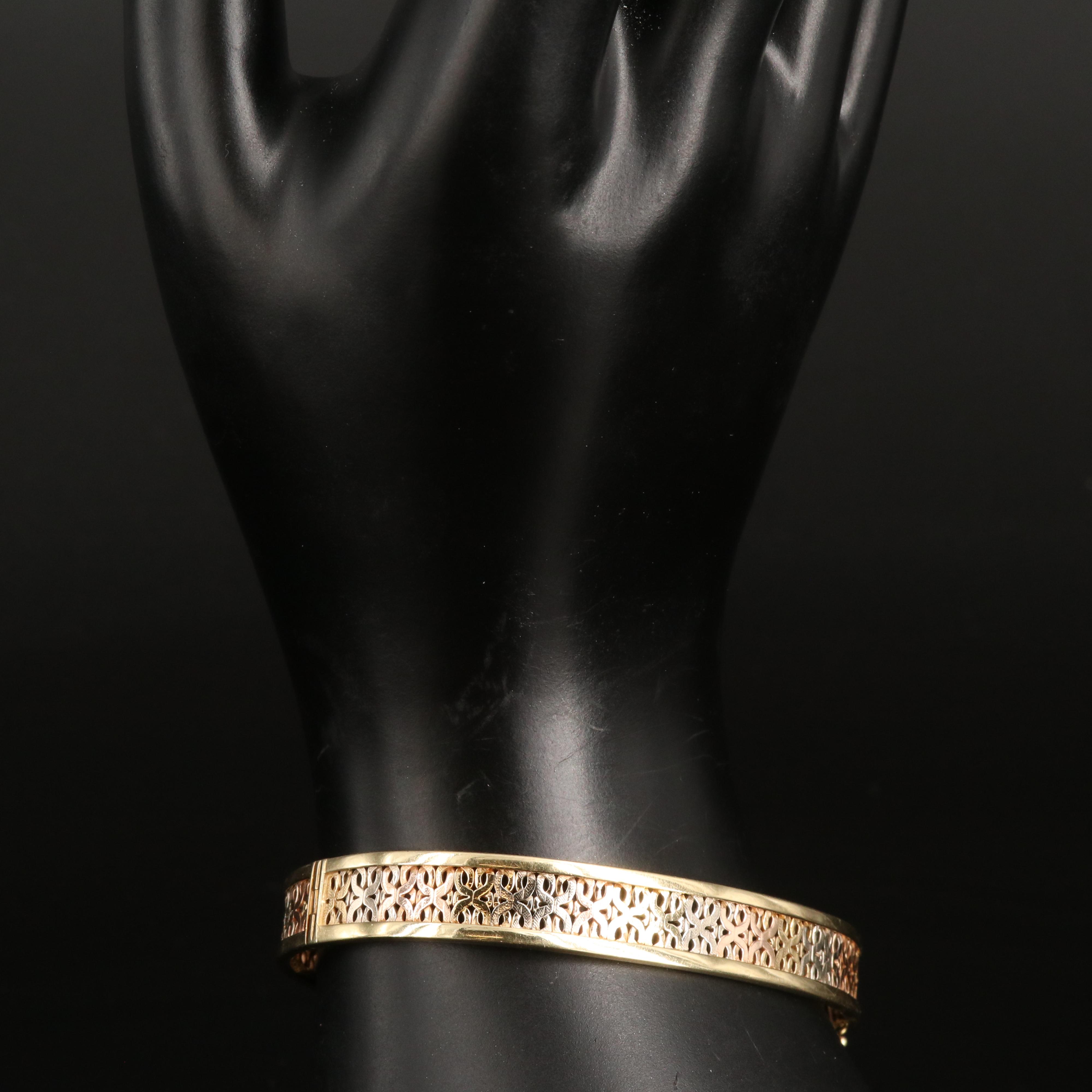 Italian 14K Tri-Color Gold Hinged Bangle