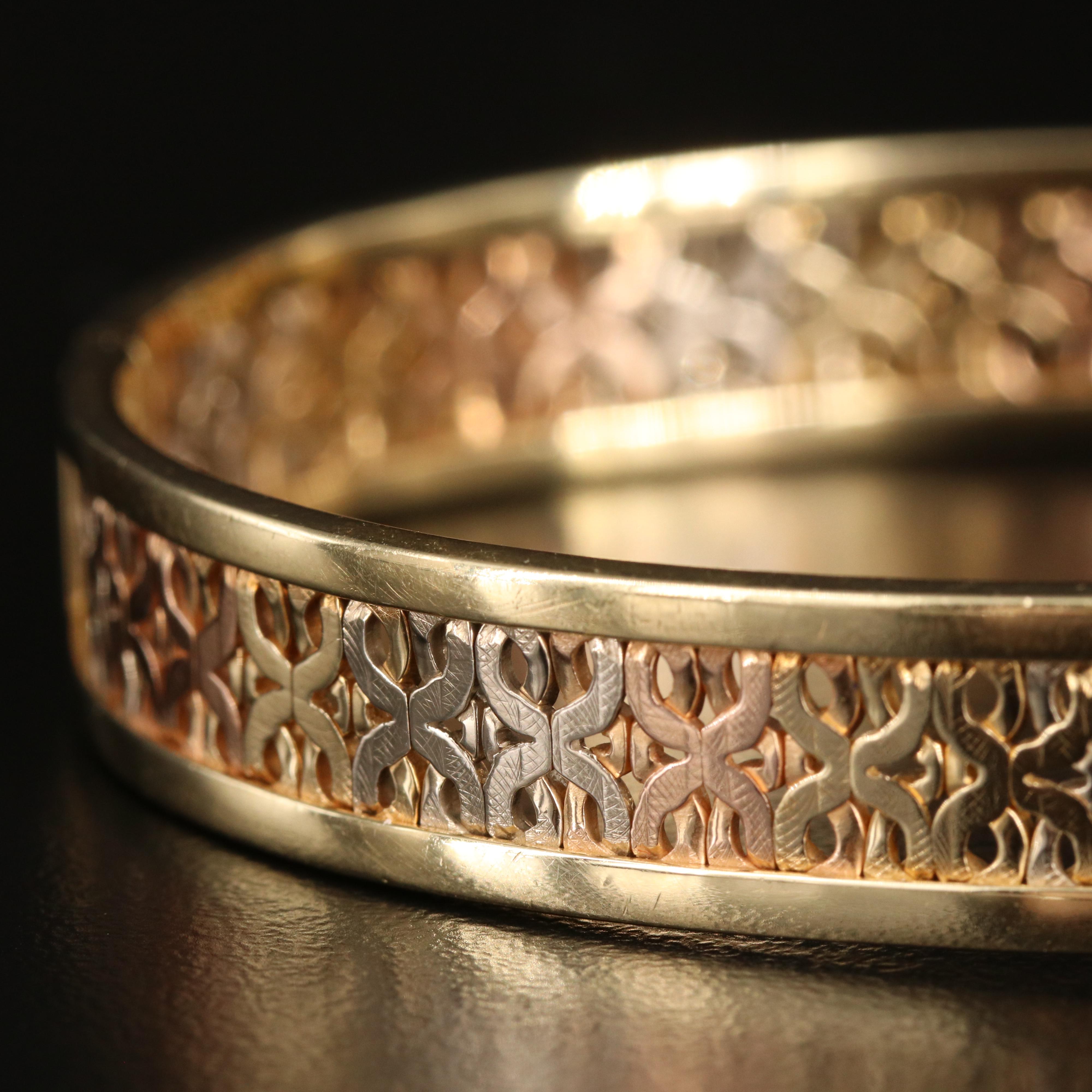 Italian 14K Tri-Color Gold Hinged Bangle