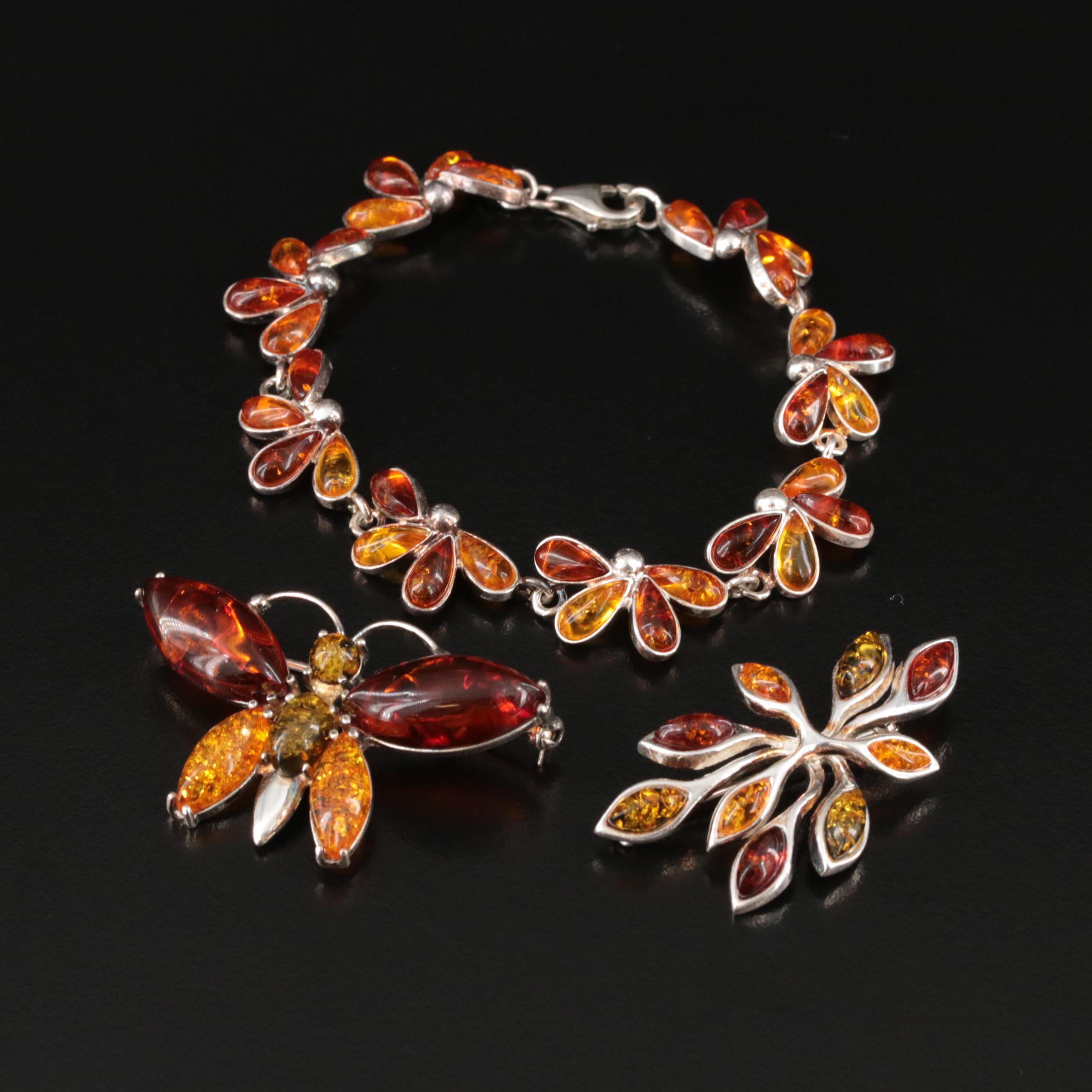 Sterling Amber Bracelet and Brooch
