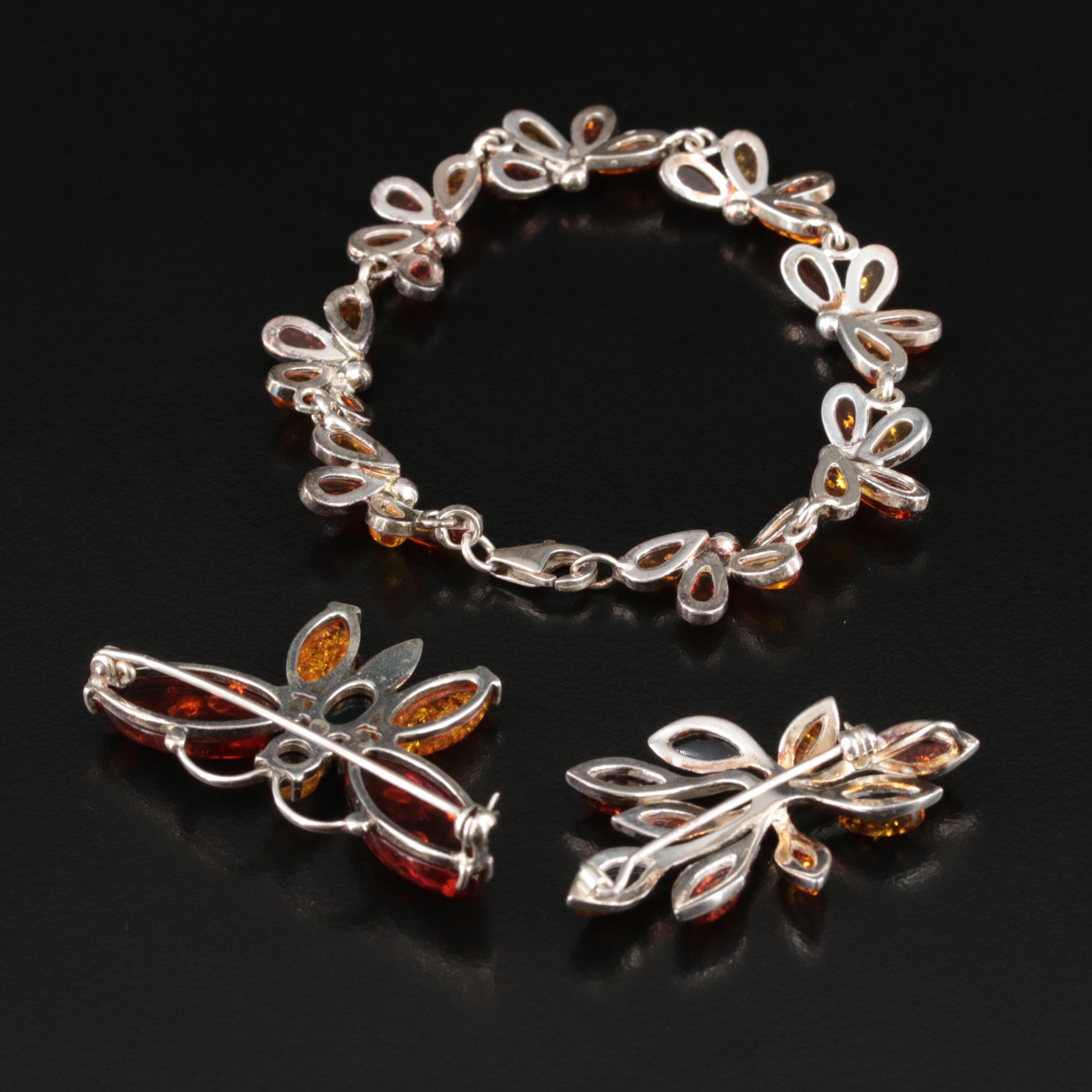Sterling Amber Bracelet and Brooch