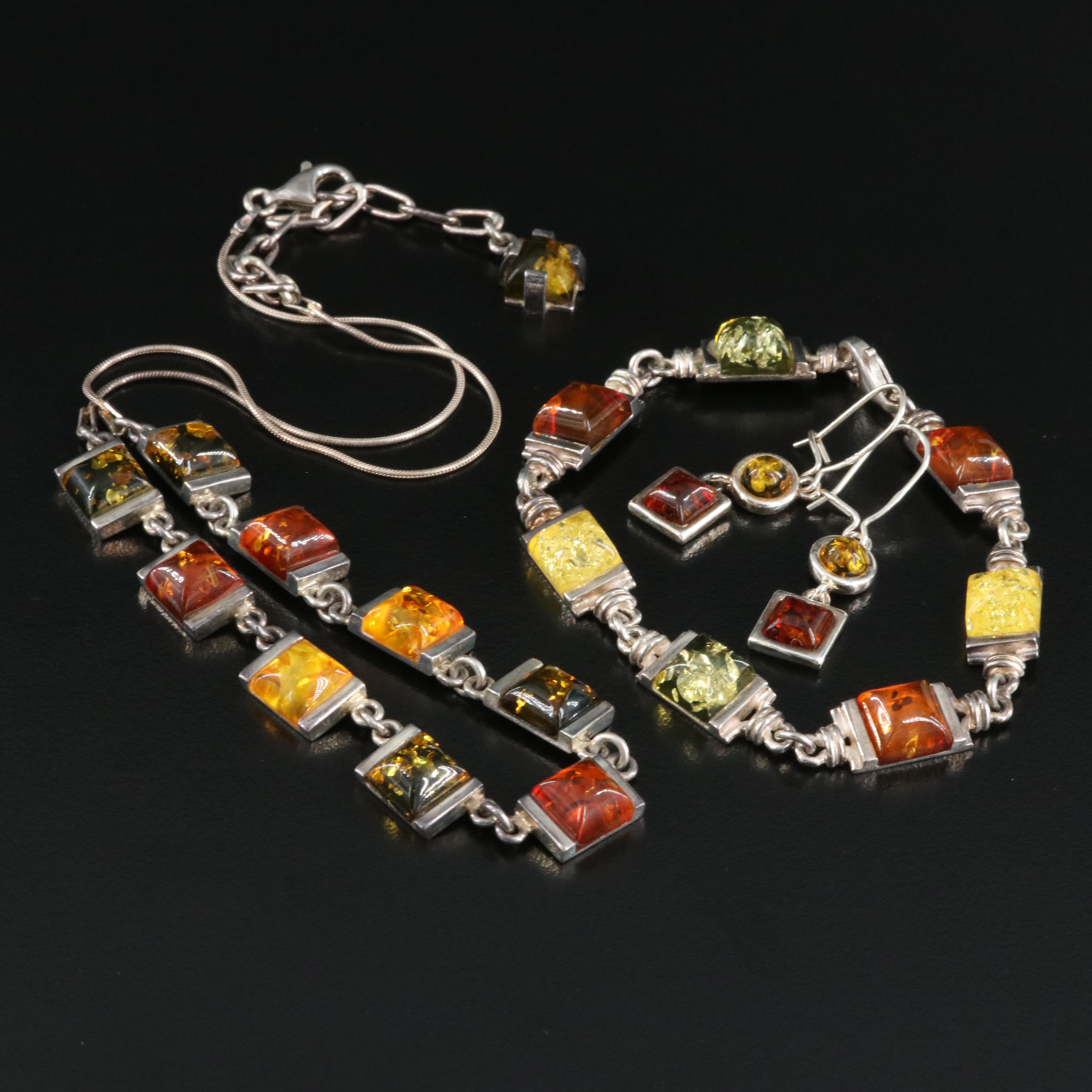 Sterling Amber Necklace, Bracelet and Earring Set