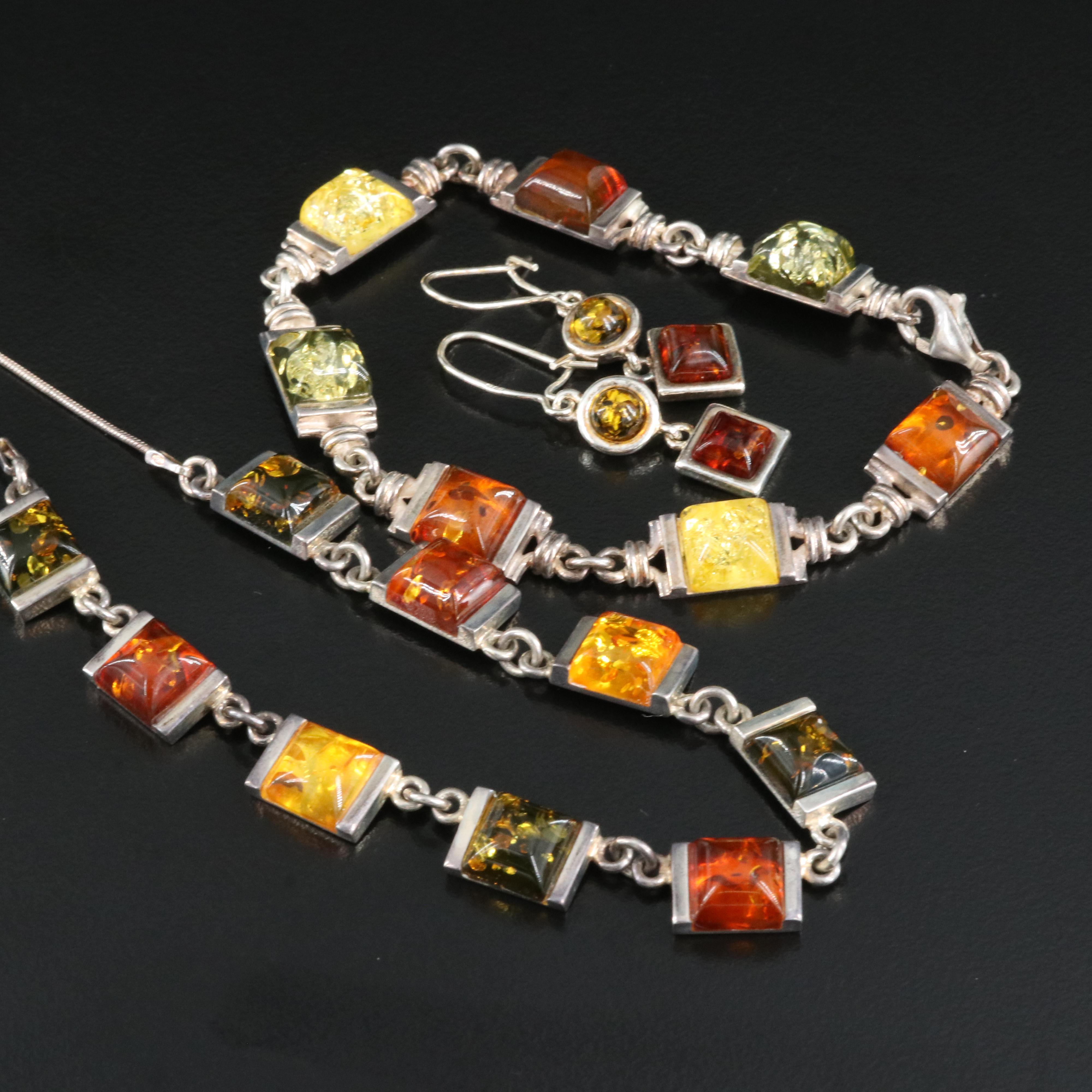 Sterling Amber Necklace, Bracelet and Earring Set