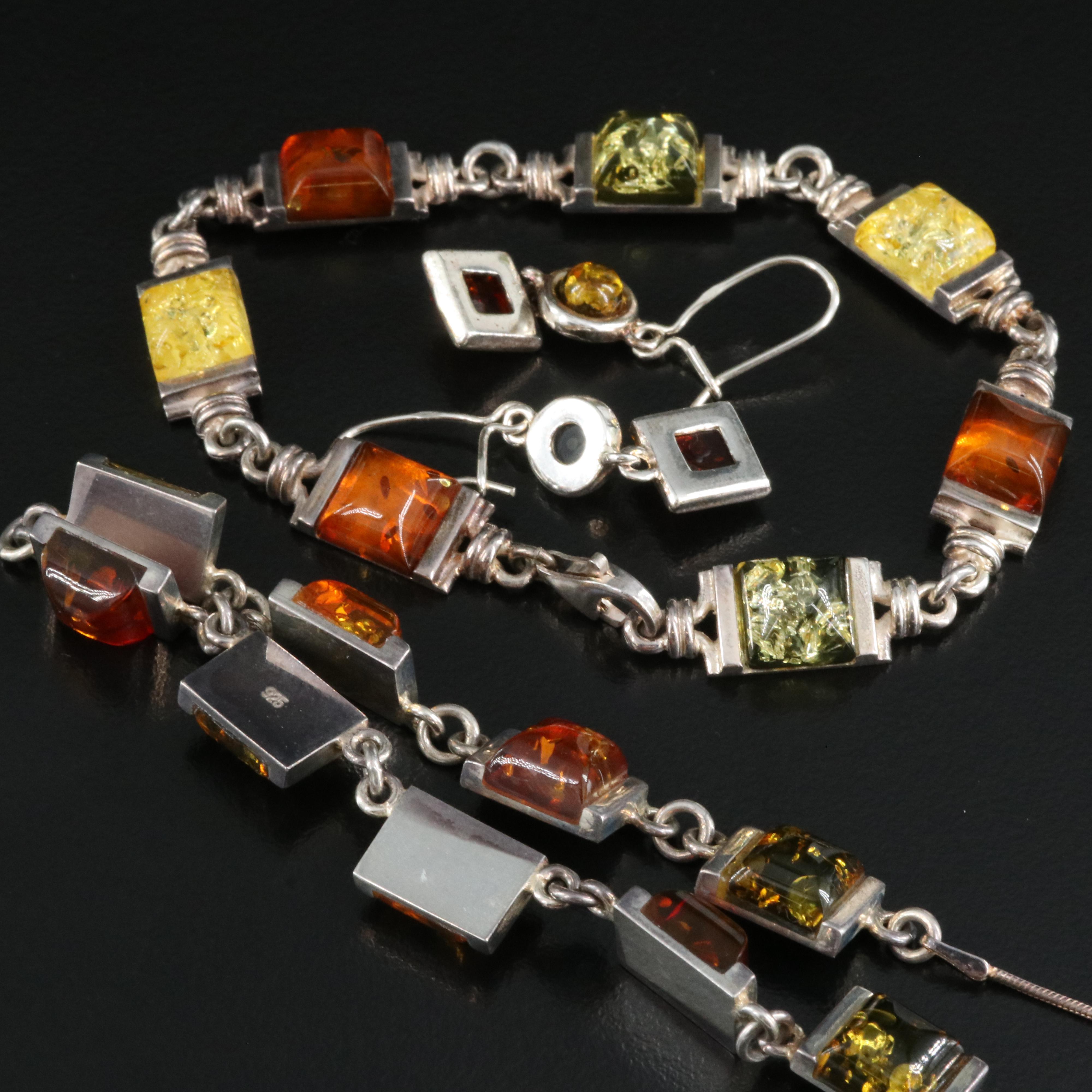 Sterling Amber Necklace, Bracelet and Earring Set