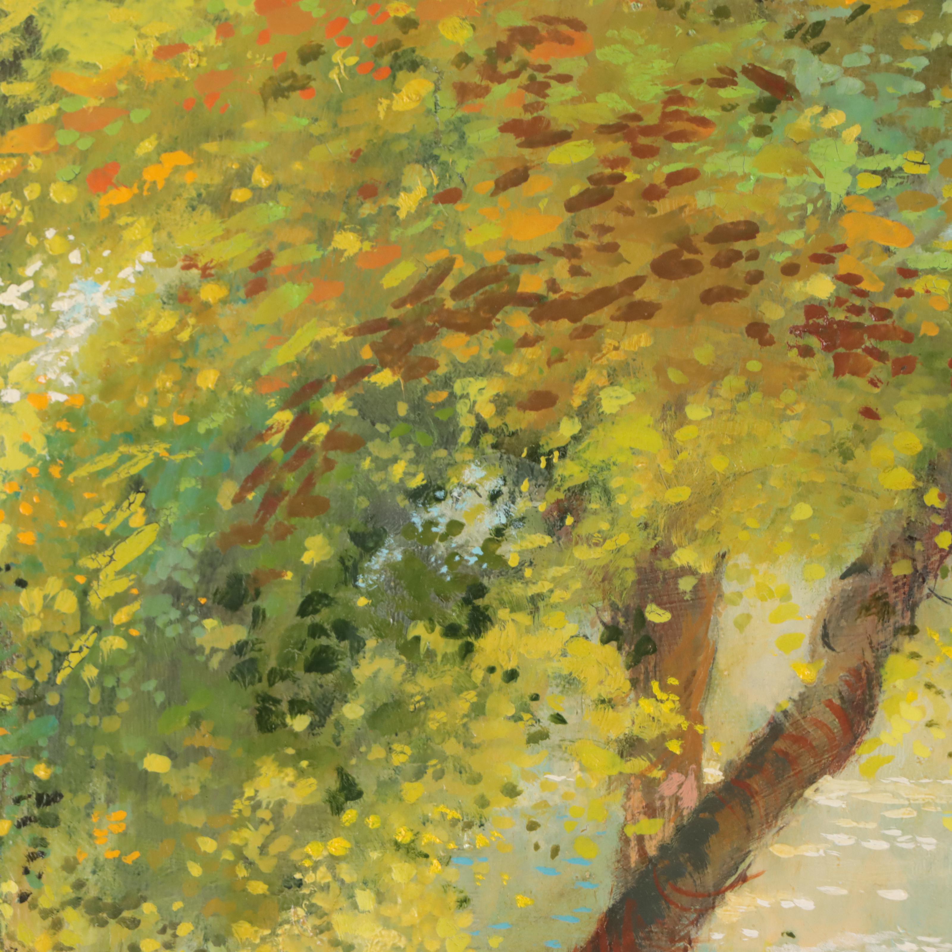 Barbara Hess Mercier Oil Painting of Child Frolicking Through the Forest