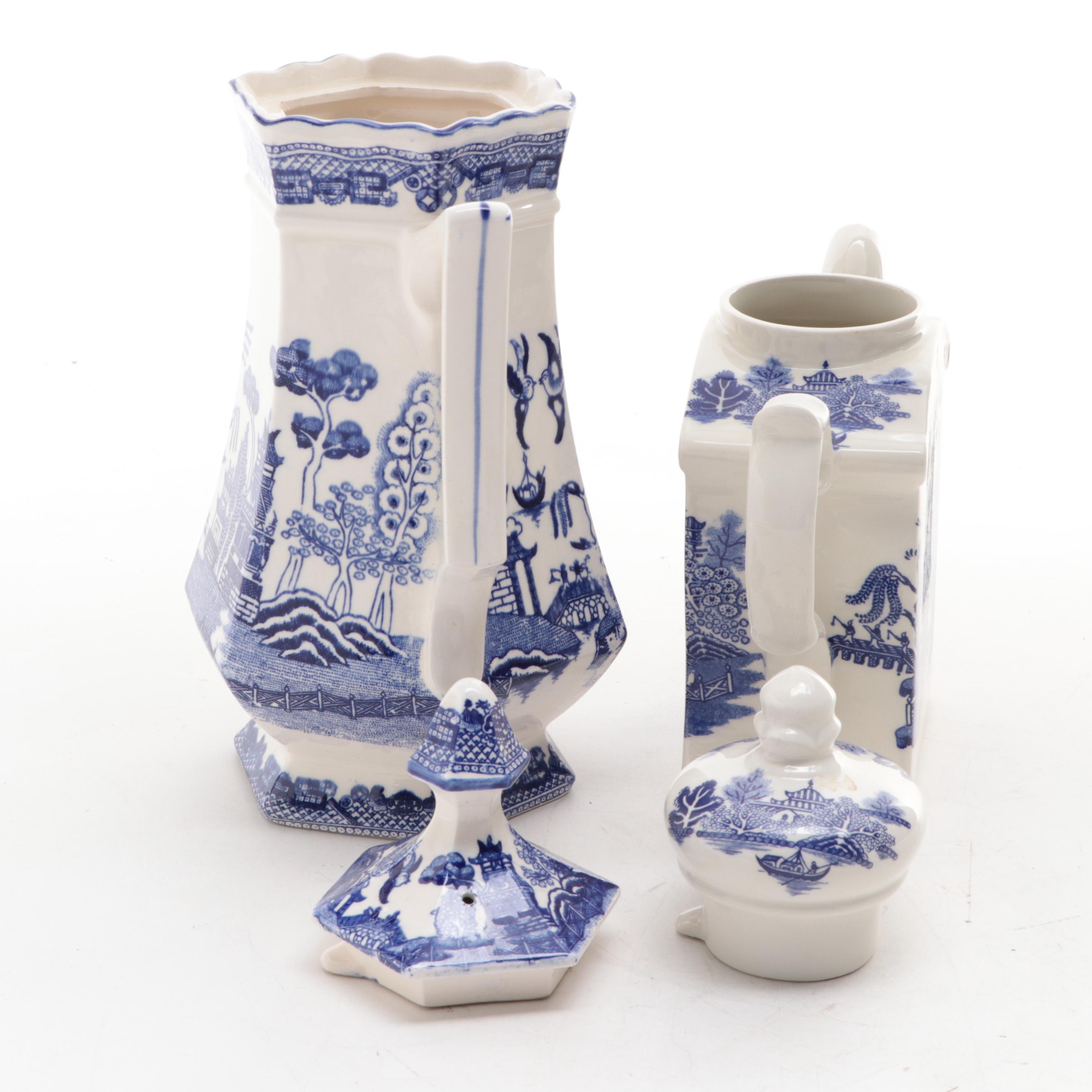 Sadler and Other Earthenware Blue Willow Teapots and Serving Bowls