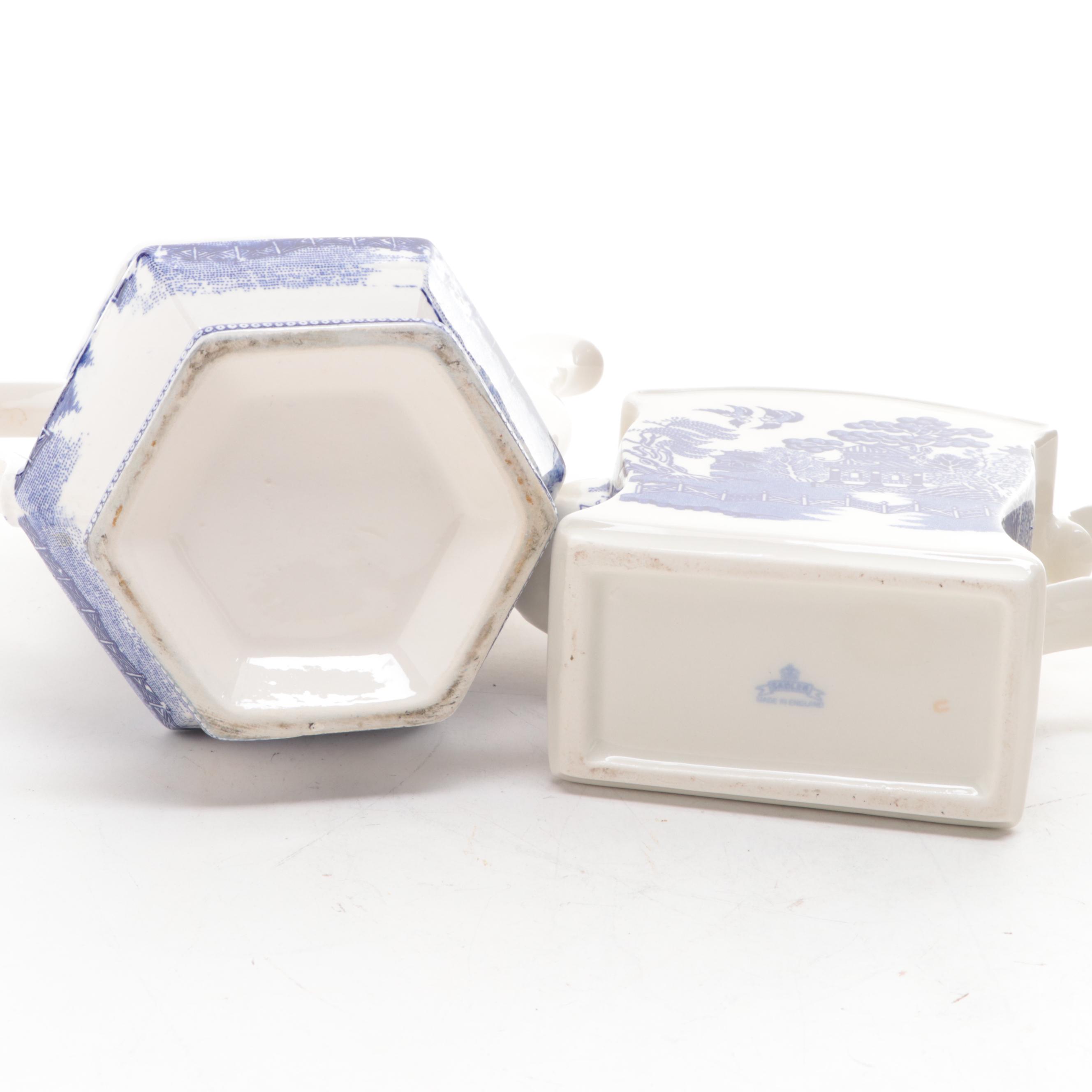 Sadler and Other Earthenware Blue Willow Teapots and Serving Bowls
