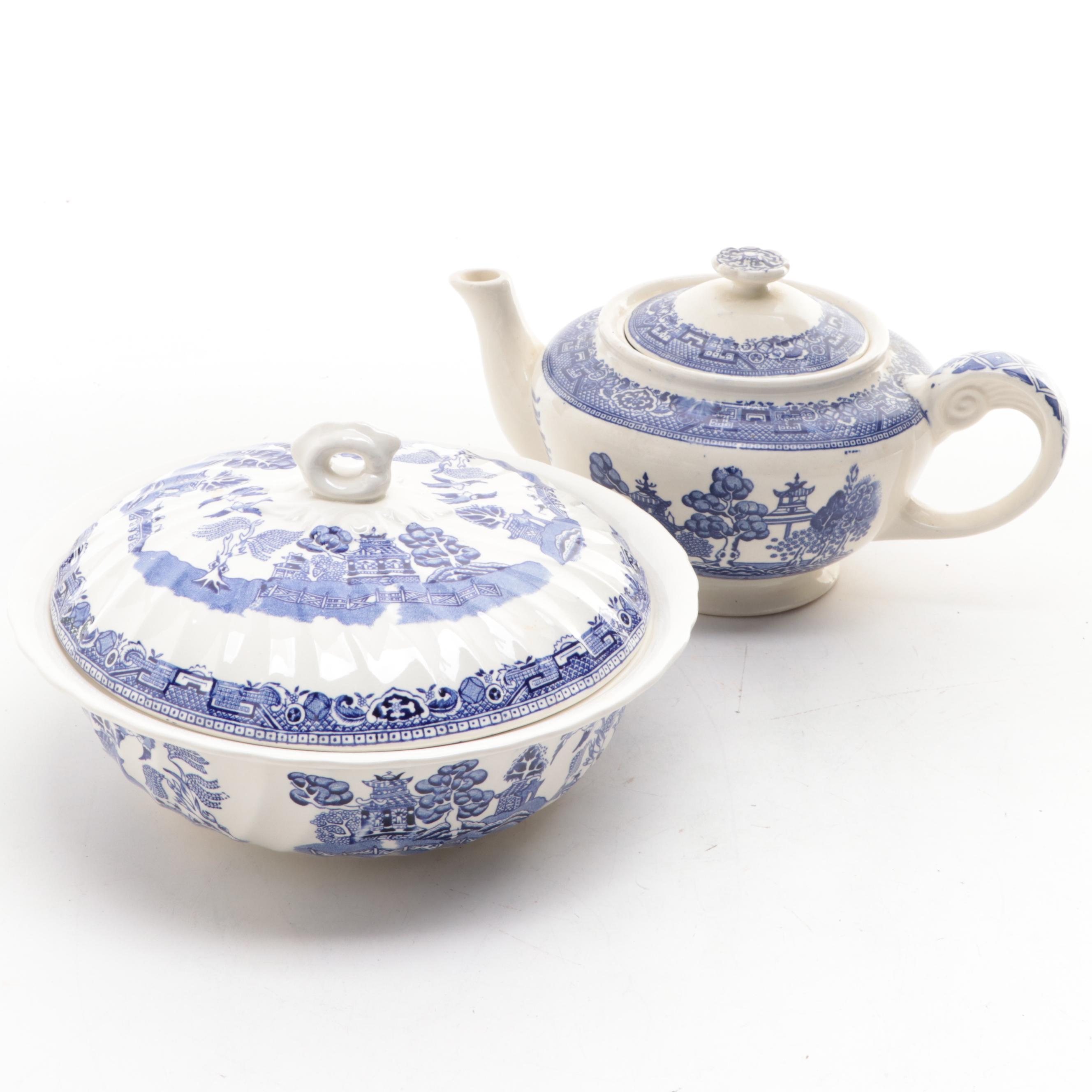 Sadler and Other Earthenware Blue Willow Teapots and Serving Bowls