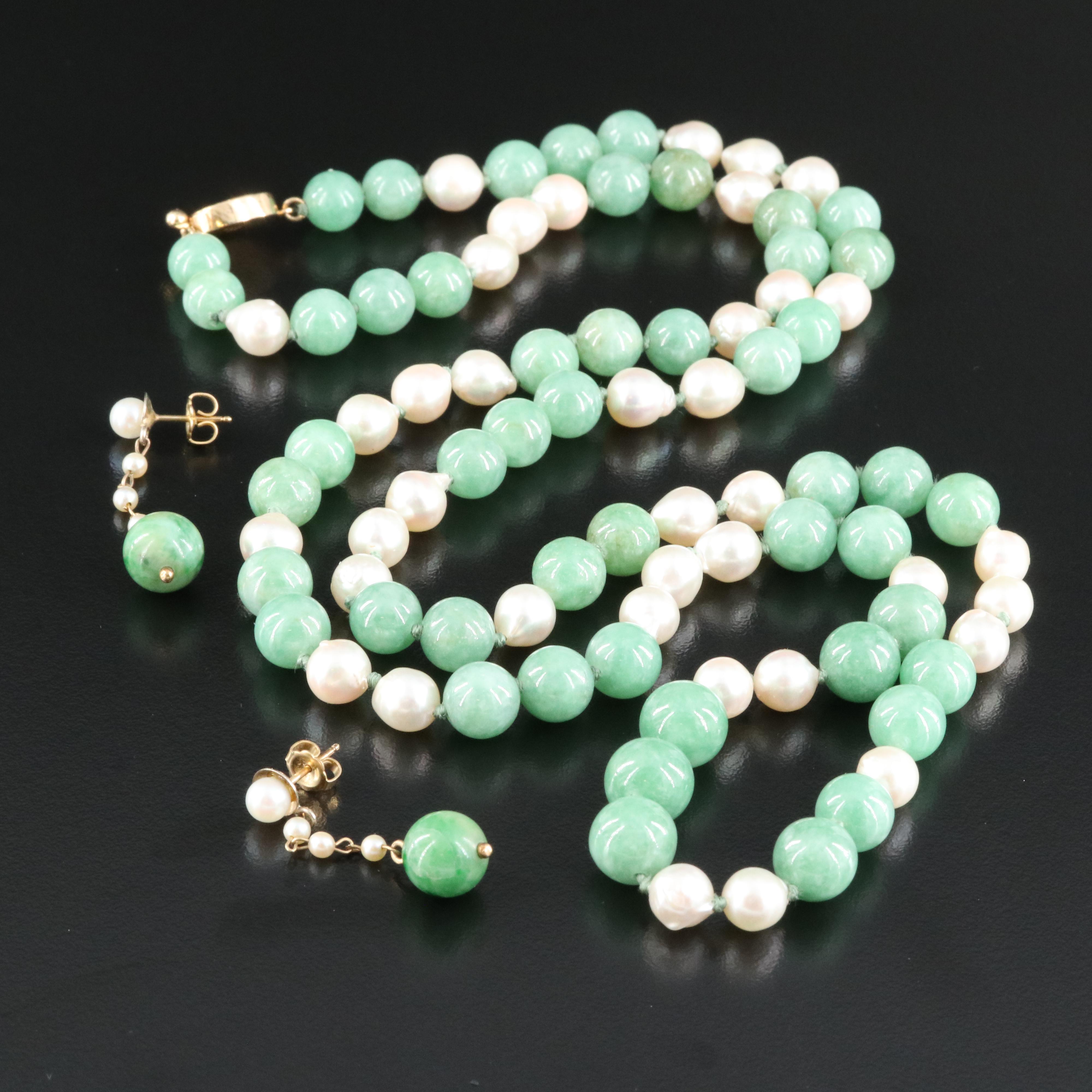 Vintage Gumps Jadeite and Pearl Necklace with 14K Clasp and 14K Earrings