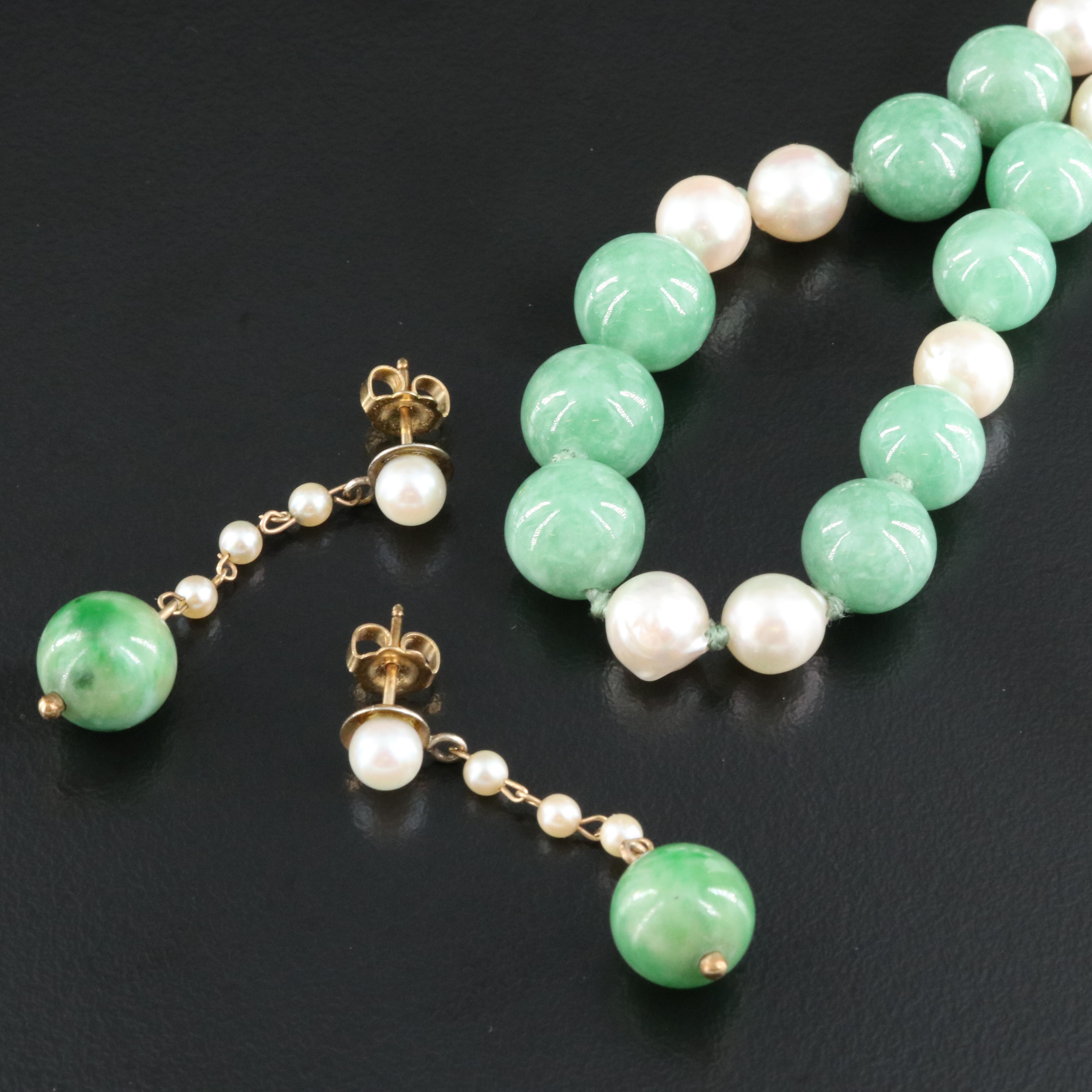 Vintage Gumps Jadeite and Pearl Necklace with 14K Clasp and 14K Earrings