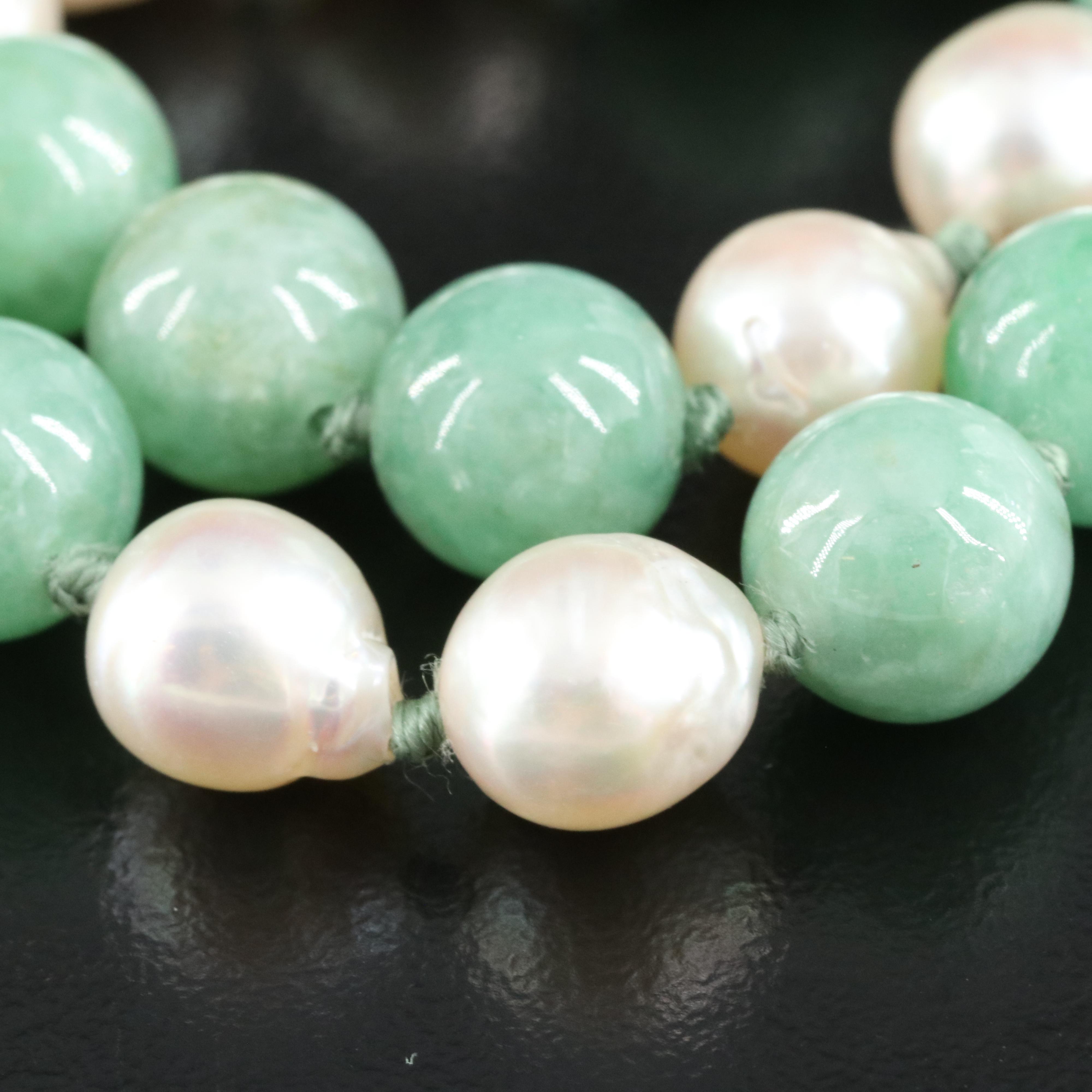 Vintage Gumps Jadeite and Pearl Necklace with 14K Clasp and 14K Earrings