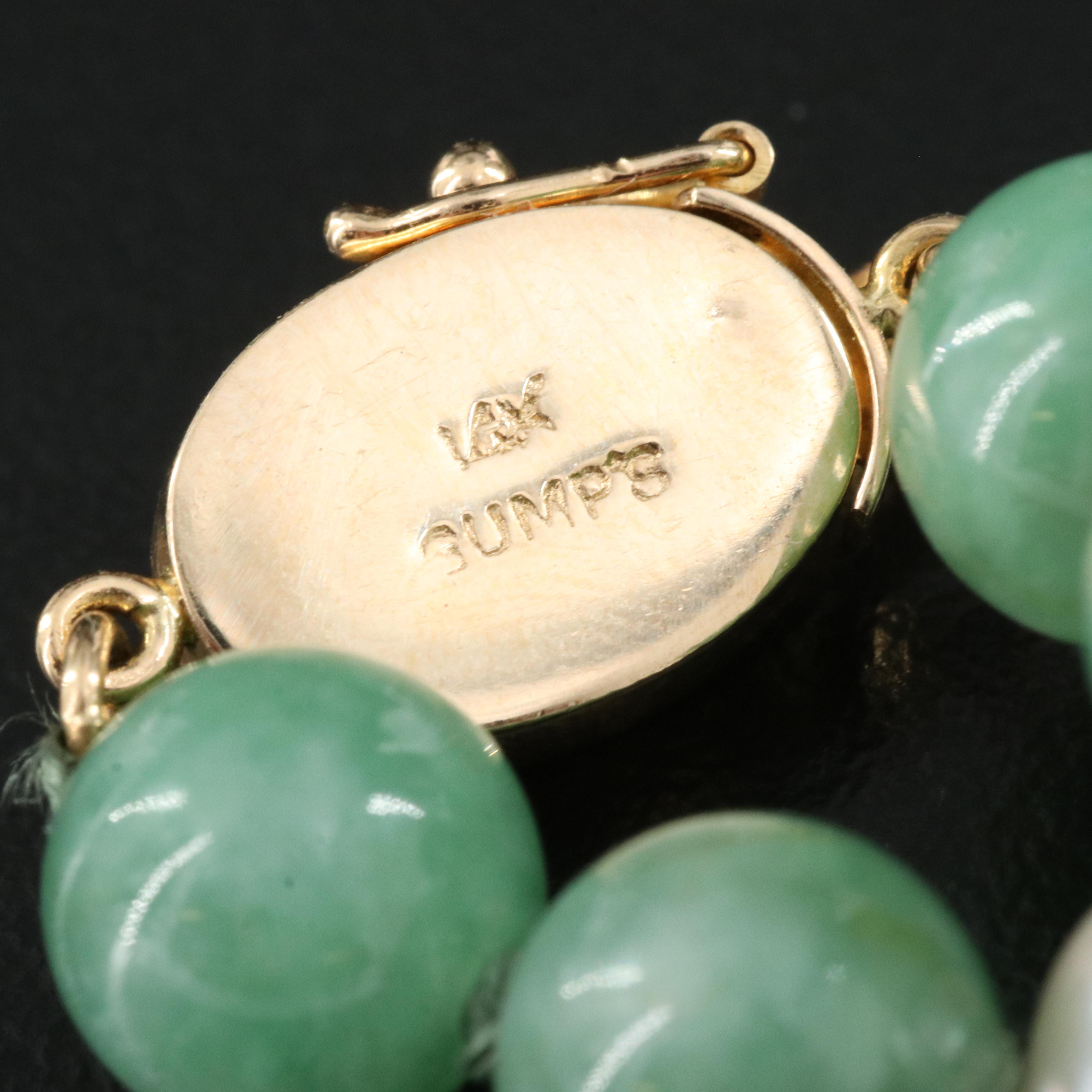 Vintage Gumps Jadeite and Pearl Necklace with 14K Clasp and 14K Earrings