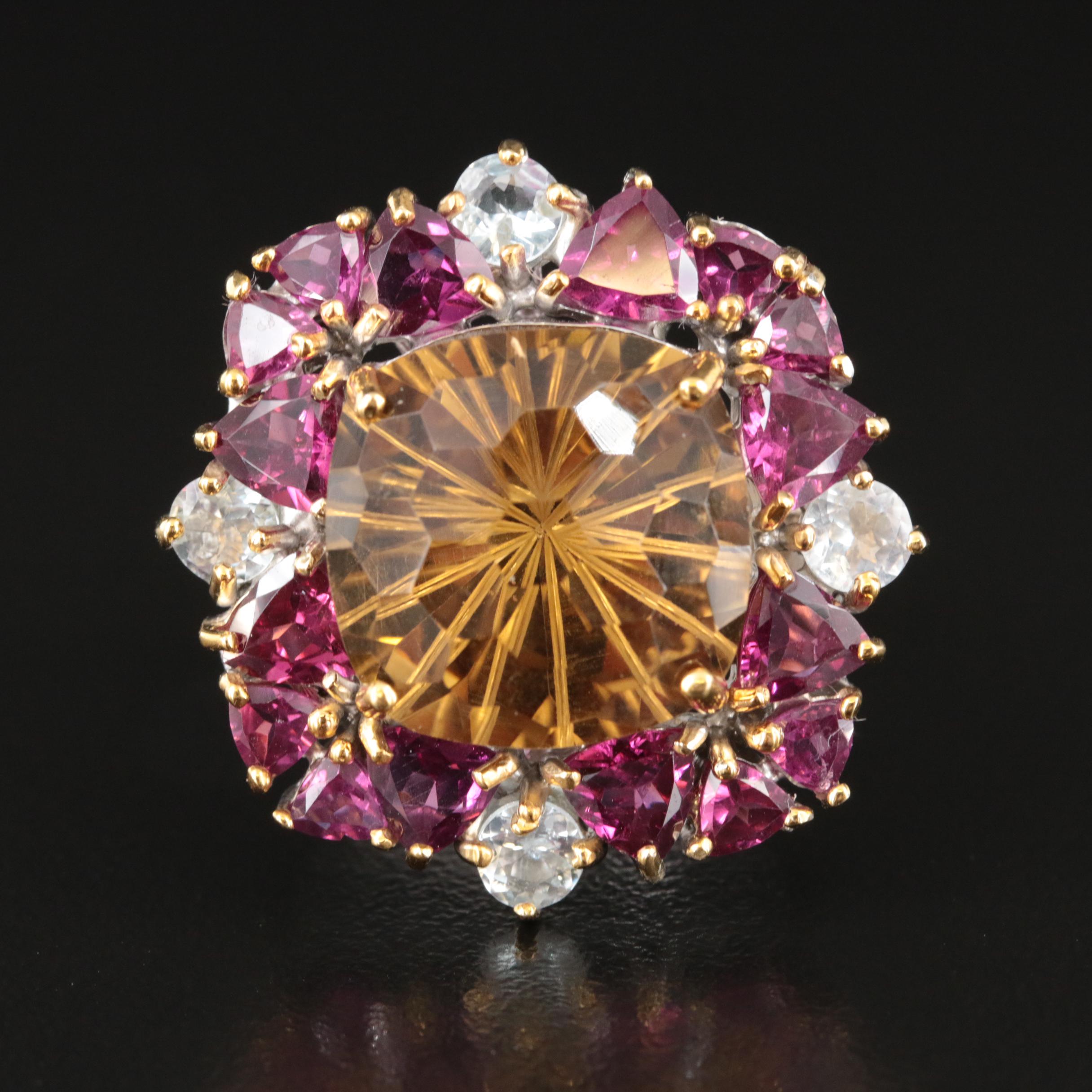 Sterling Citrine, Garnet and Aquamarine Ring