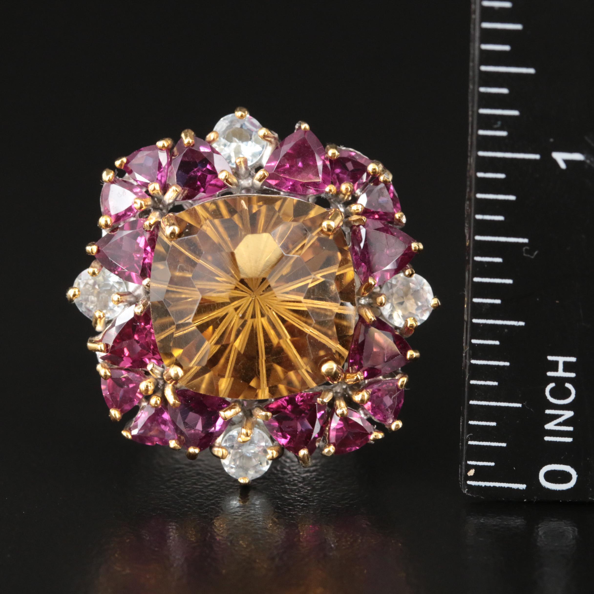 Sterling Citrine, Garnet and Aquamarine Ring