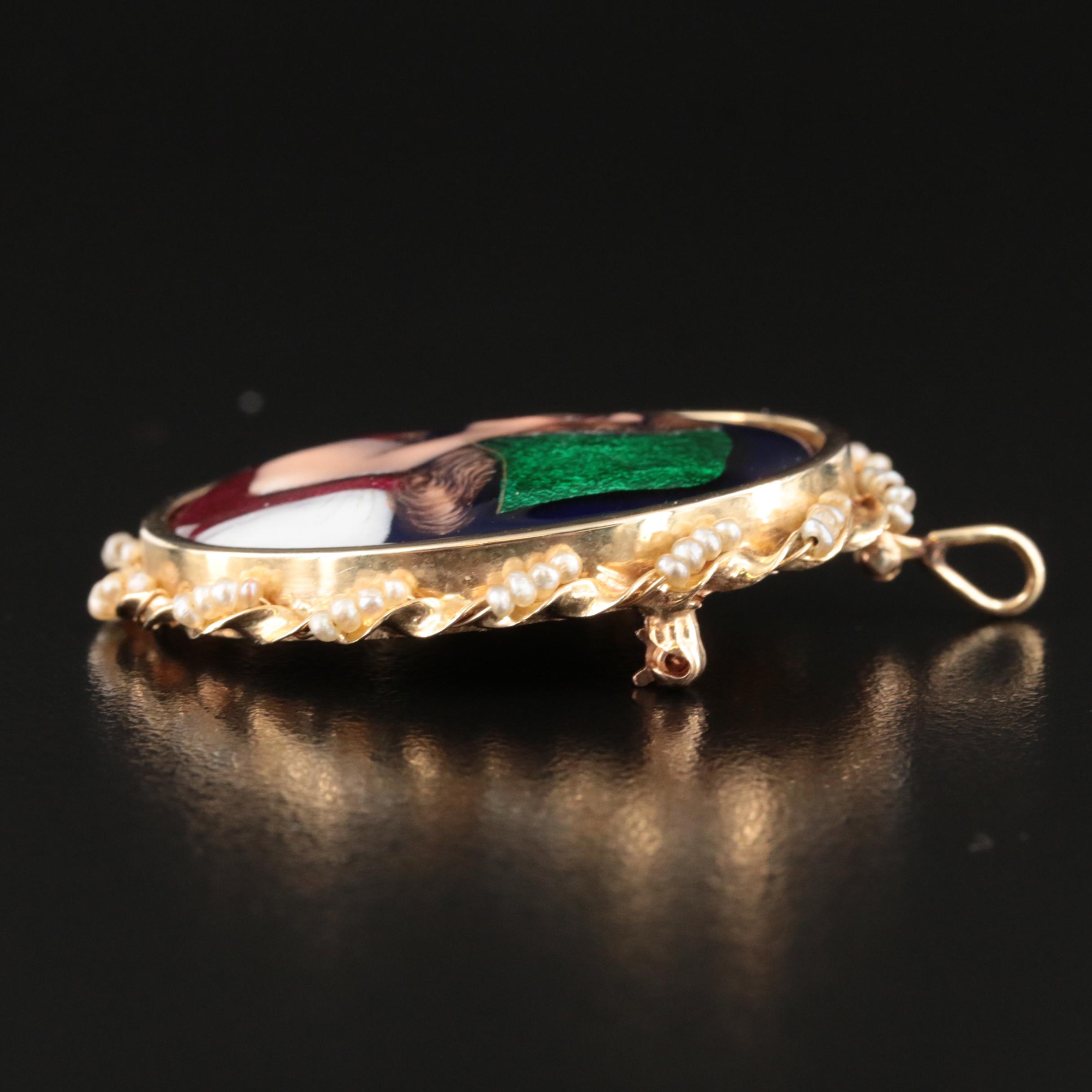 Vintage 14K Seed Pearls and Enamel Portrait Converter Brooch