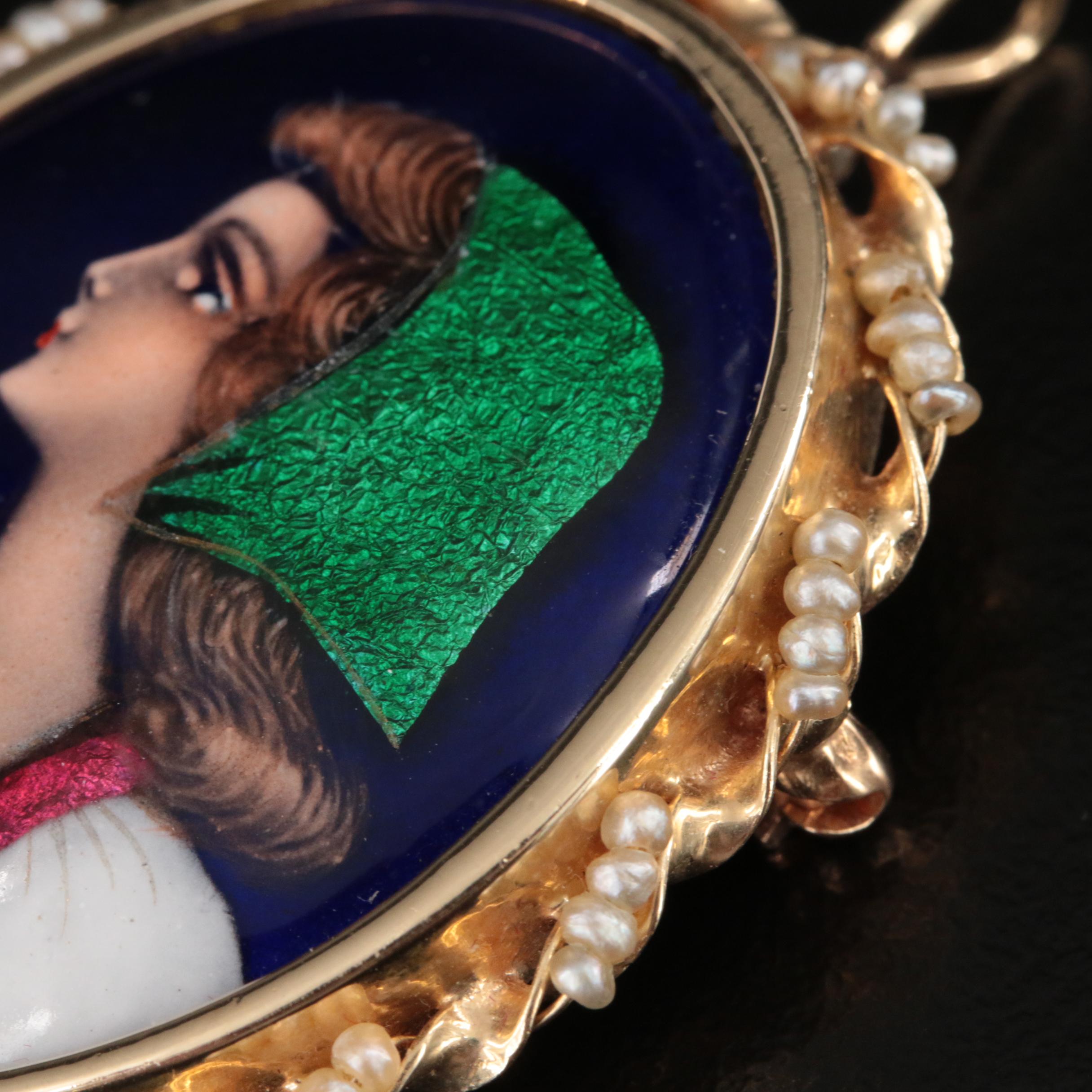 Vintage 14K Seed Pearls and Enamel Portrait Converter Brooch