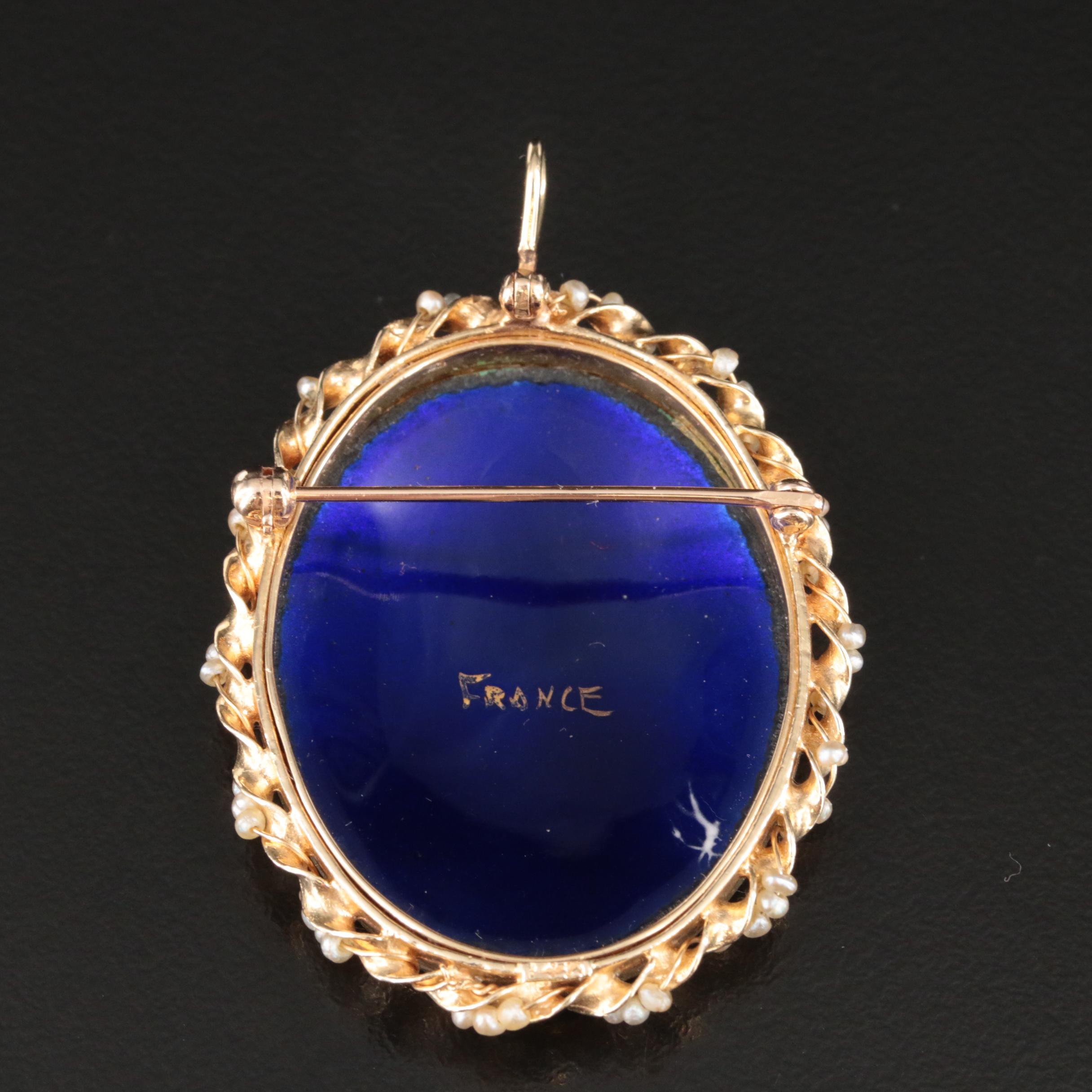 Vintage 14K Seed Pearls and Enamel Portrait Converter Brooch