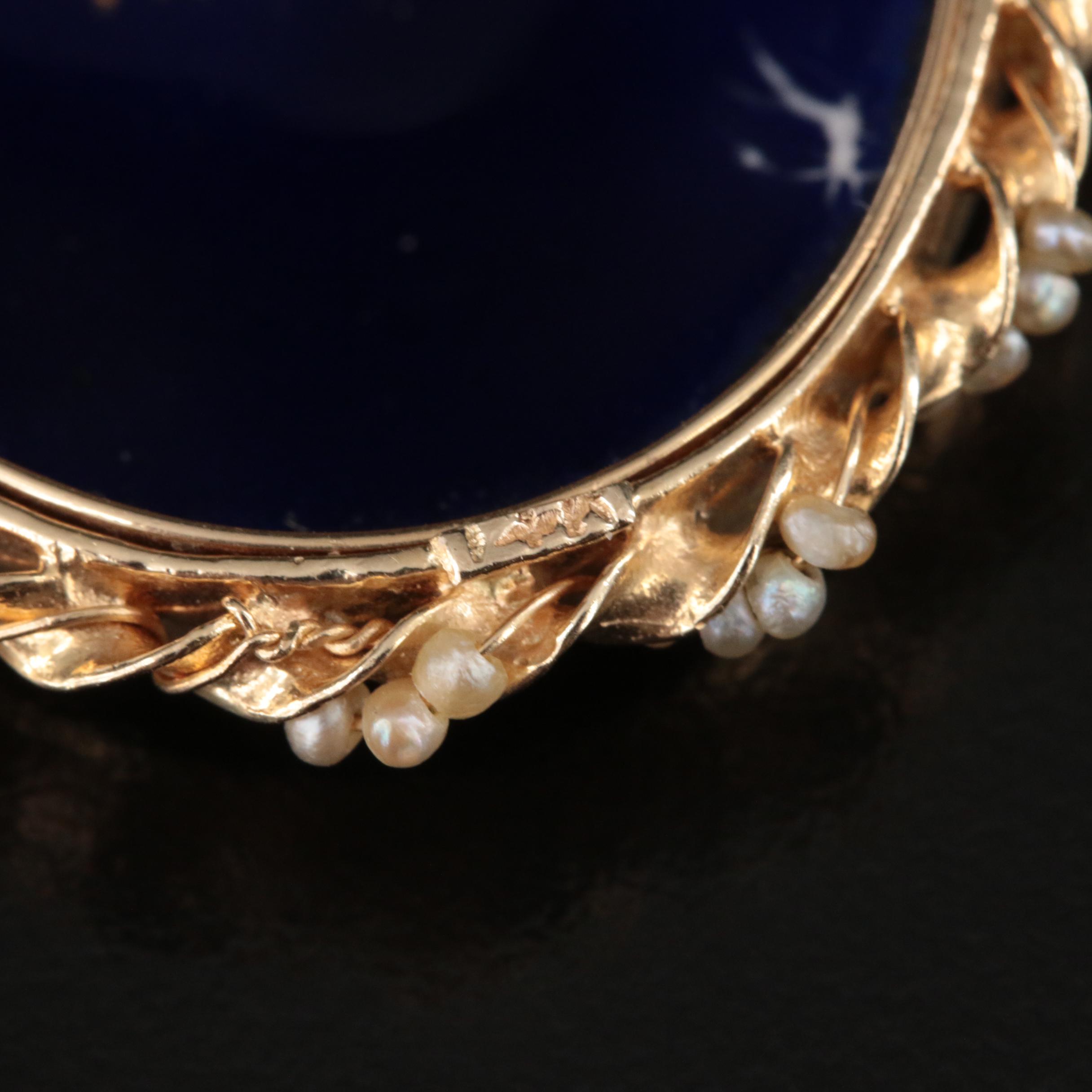 Vintage 14K Seed Pearls and Enamel Portrait Converter Brooch