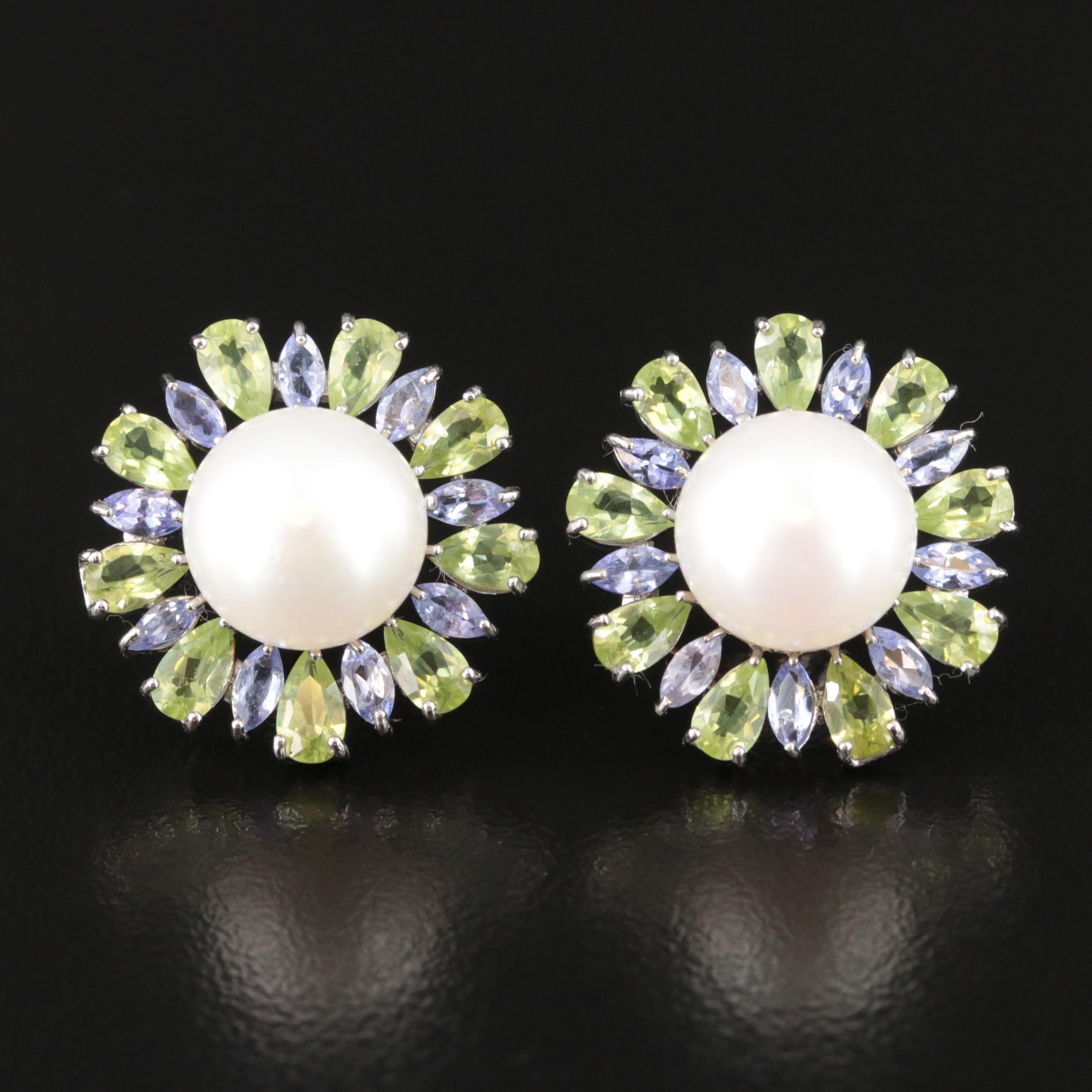 Sterling Pearl, Peridot and Tanzanite Earrings