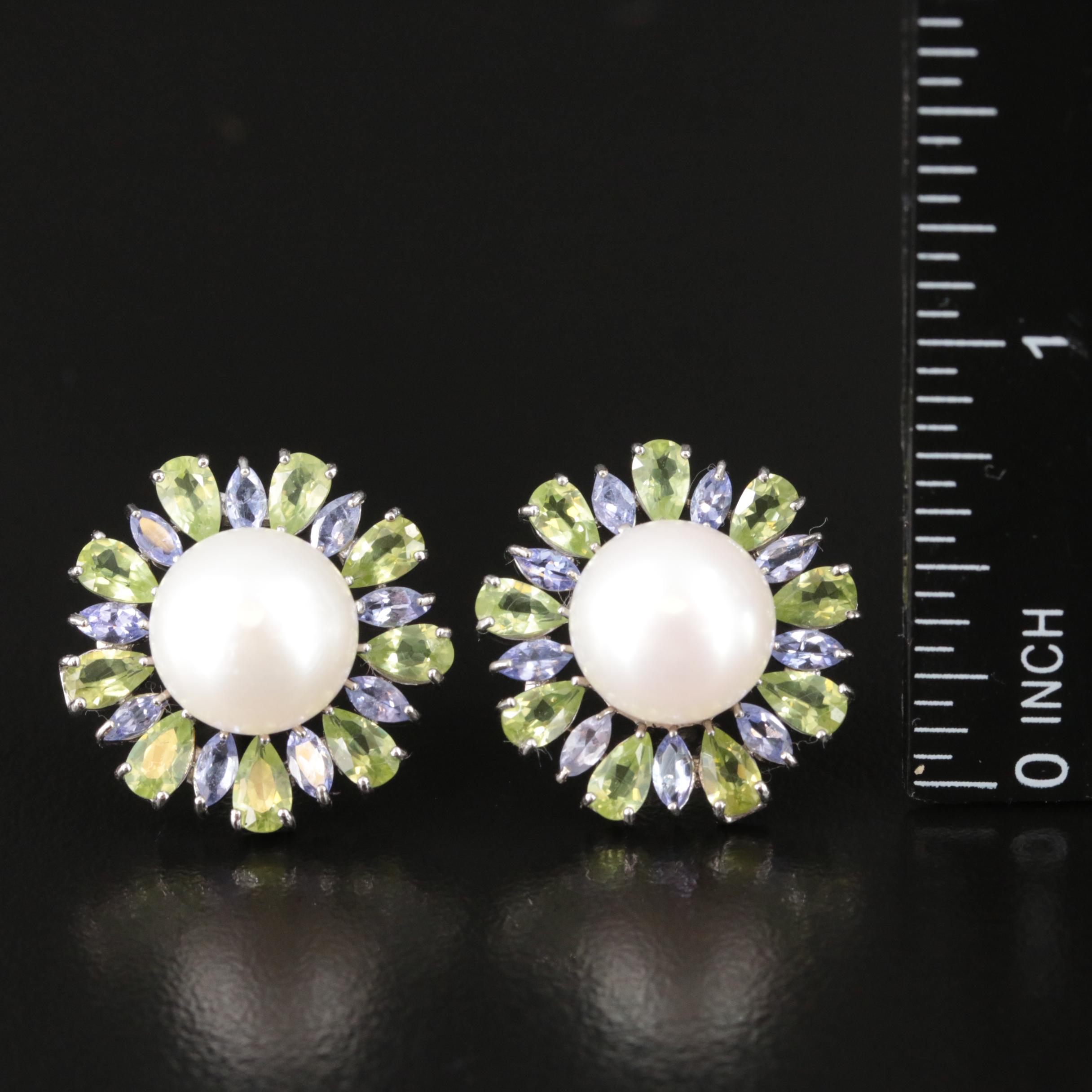 Sterling Pearl, Peridot and Tanzanite Earrings