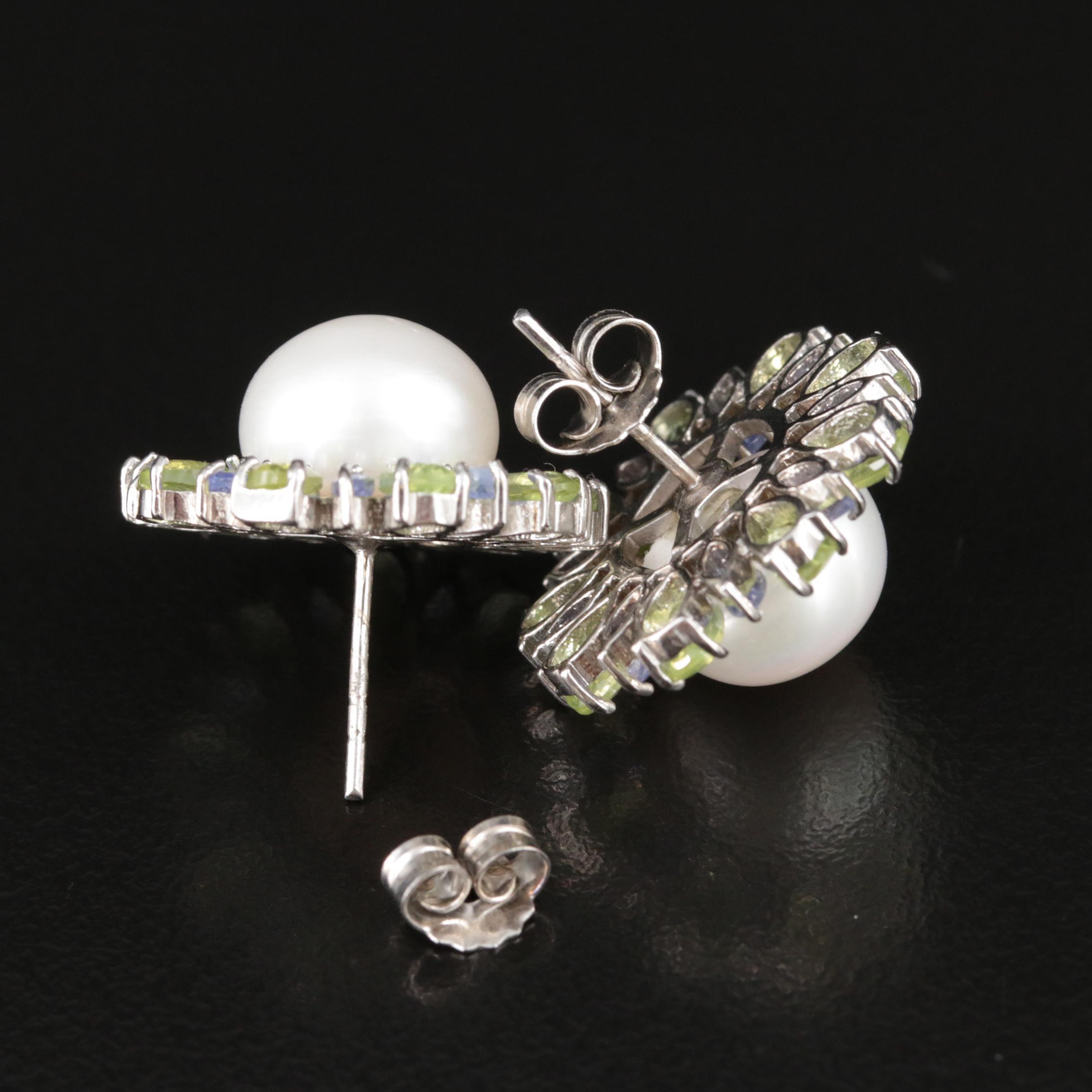 Sterling Pearl, Peridot and Tanzanite Earrings