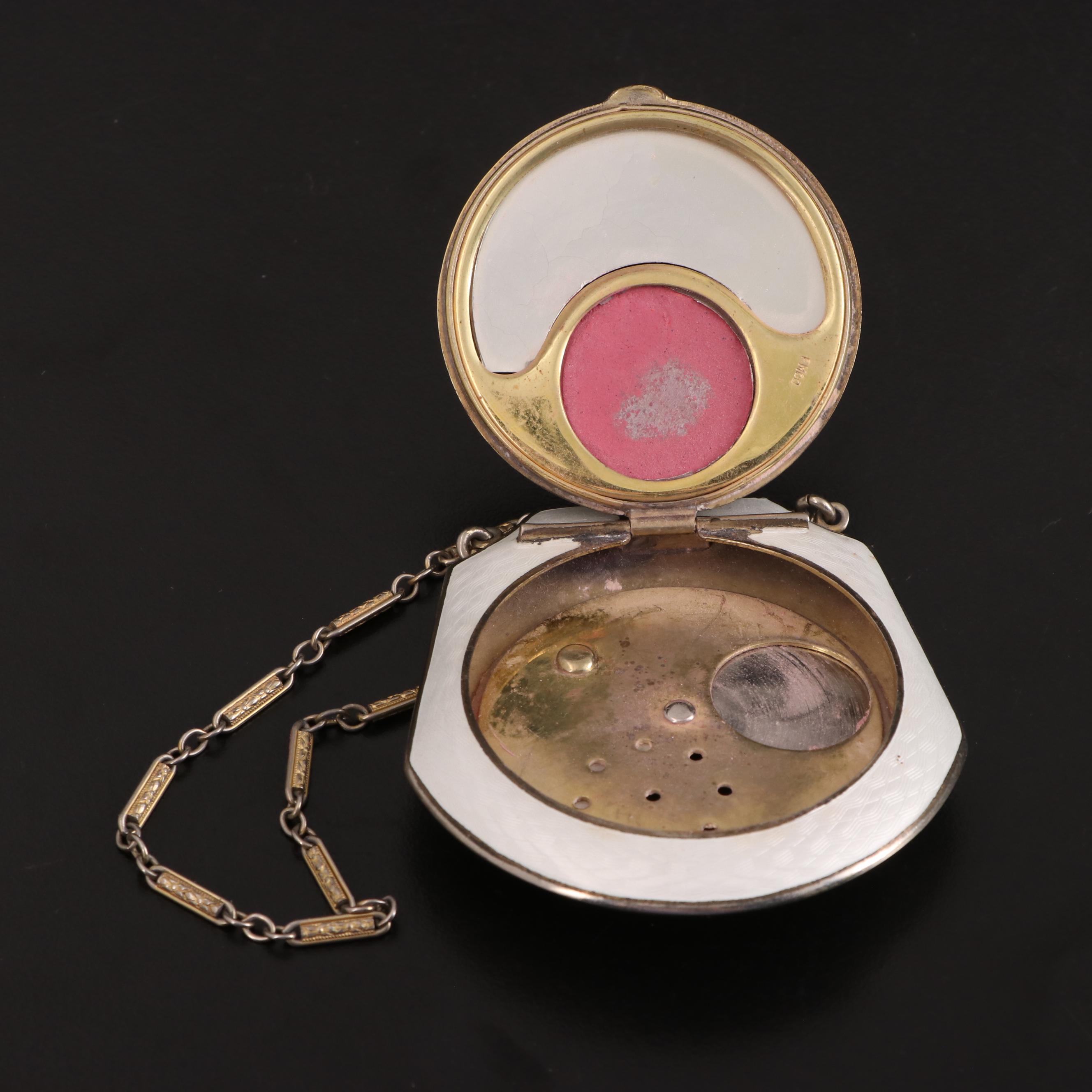 Art Deco Guilloche Enamel and Silver Plate Make-up Compact Wristlet