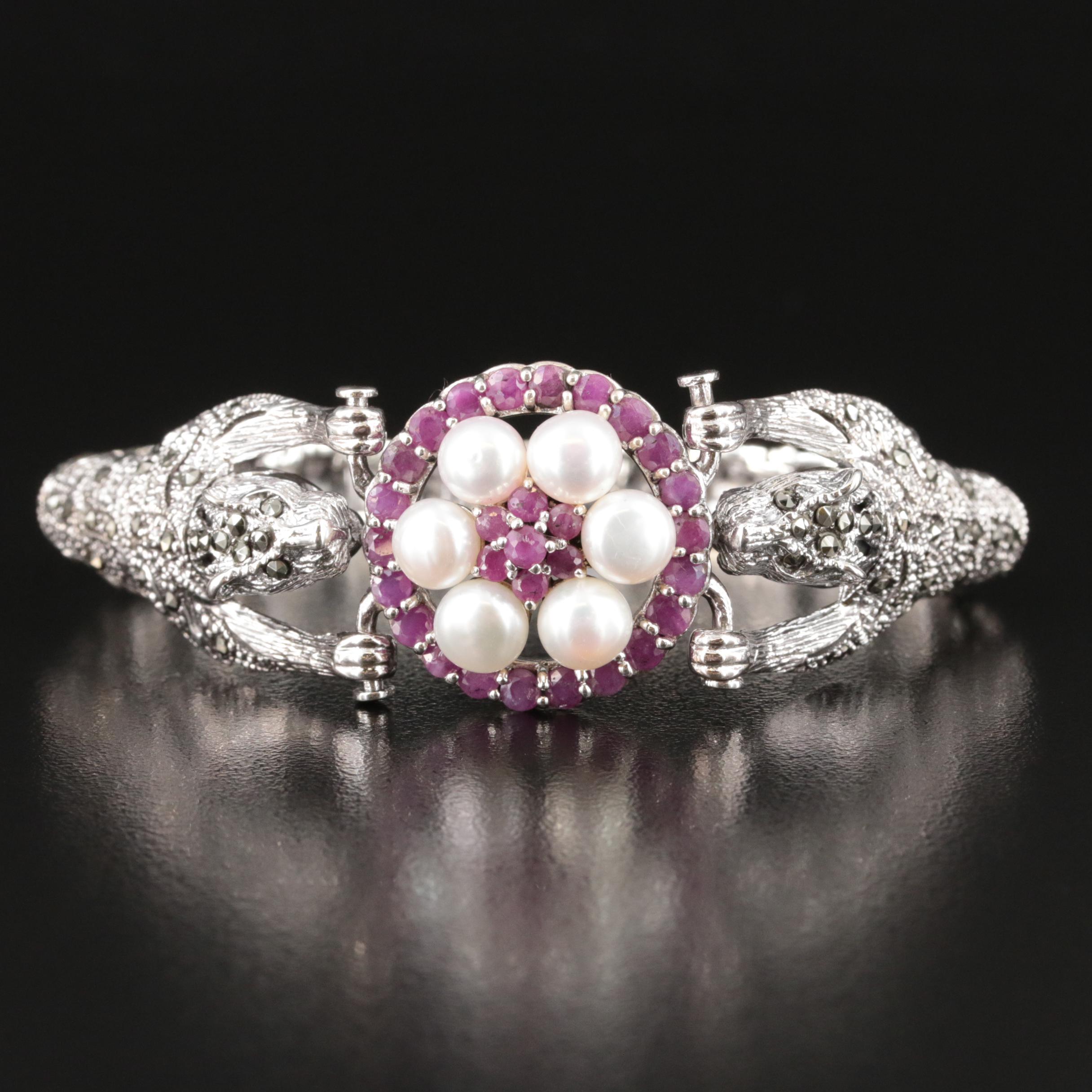 Sterling Pearl, Ruby and Marcasite Double Tiger Bracelet