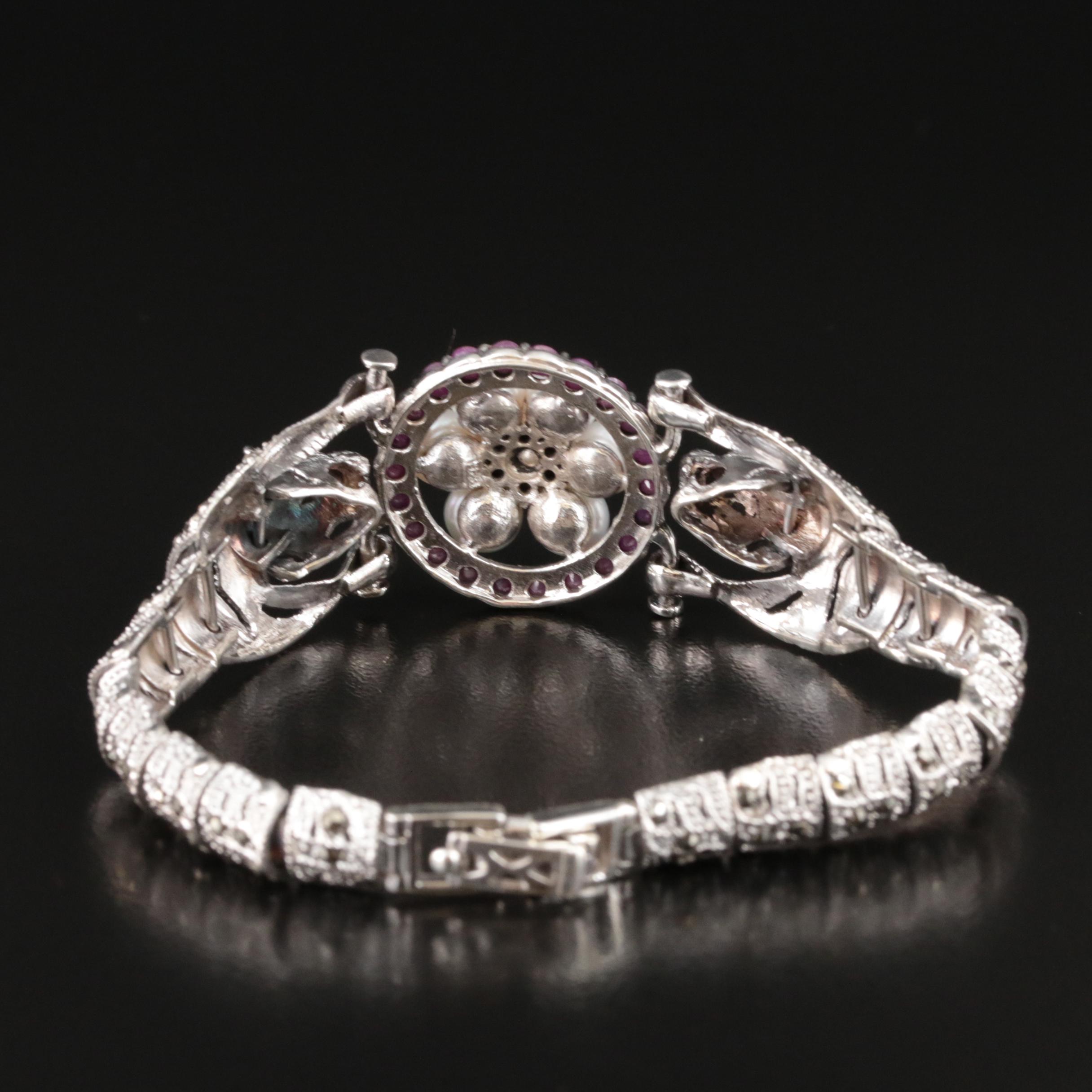 Sterling Pearl, Ruby and Marcasite Double Tiger Bracelet