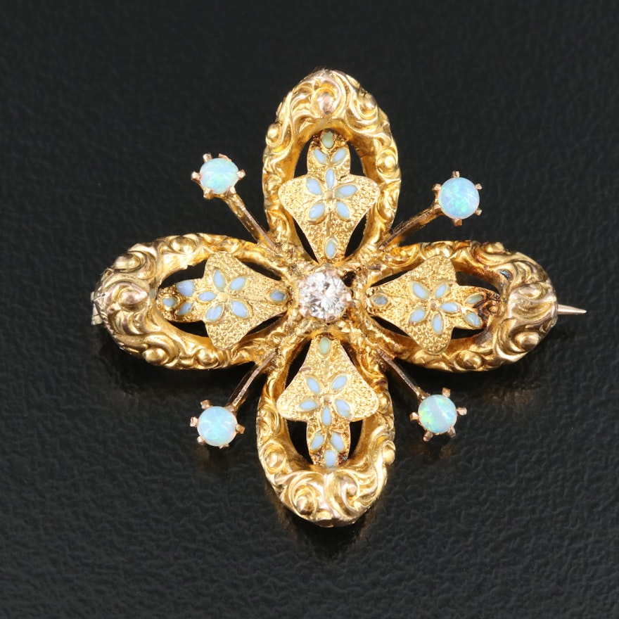 10K Diamond, Opal and Enamel Brooch