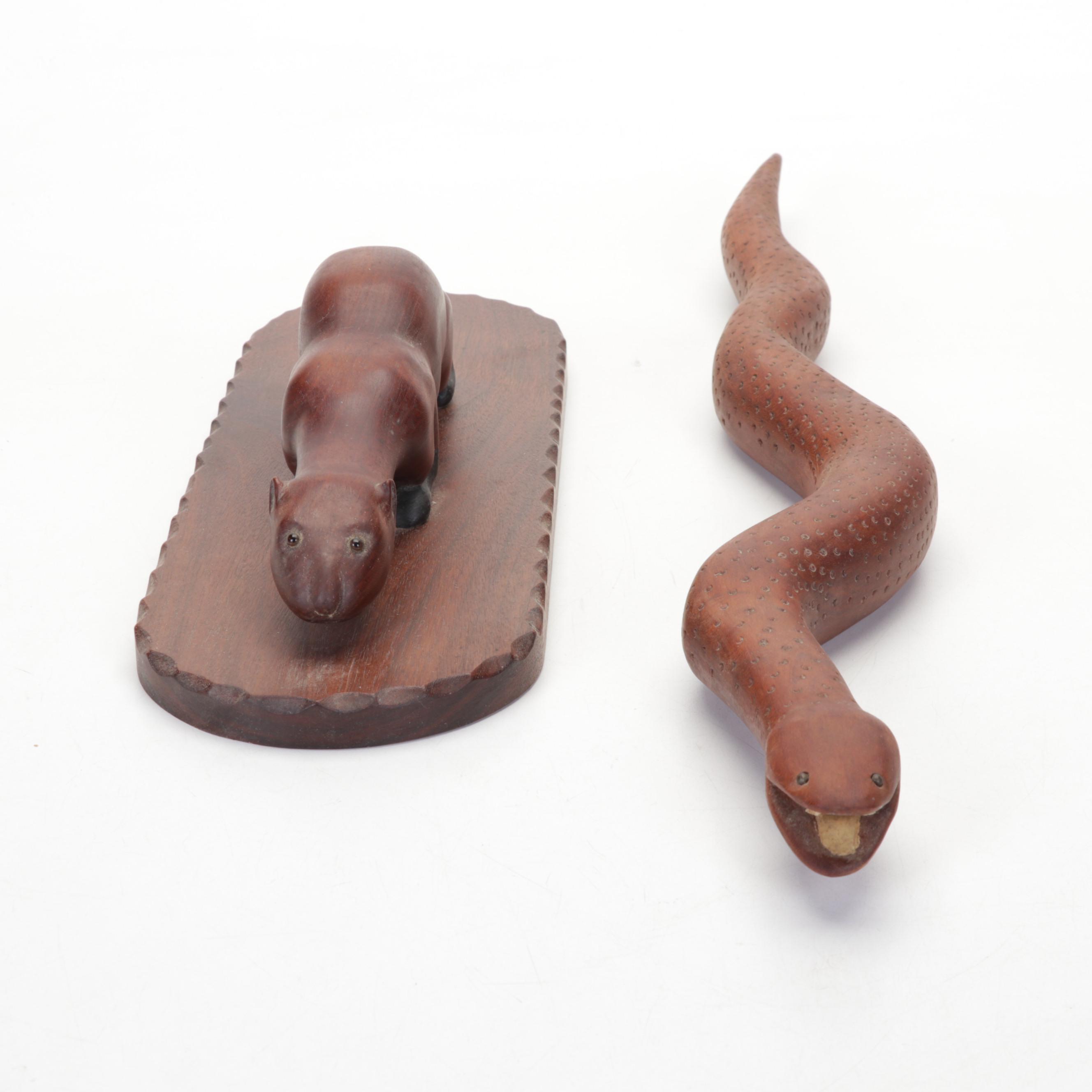 Bill Brammer Hand-Carved Folk Art Animal Sculptures, Late 20th Century