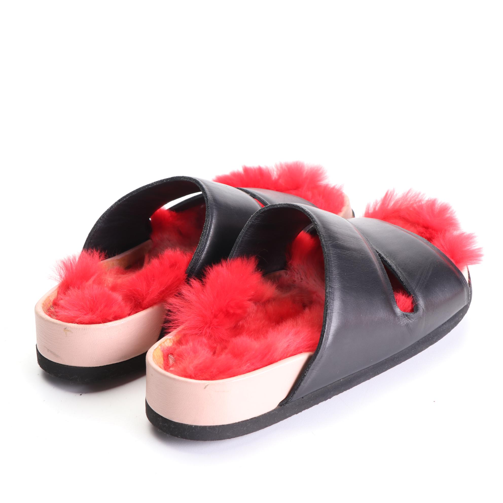 Cèline Slide Sandals in Leather with Fur Trim