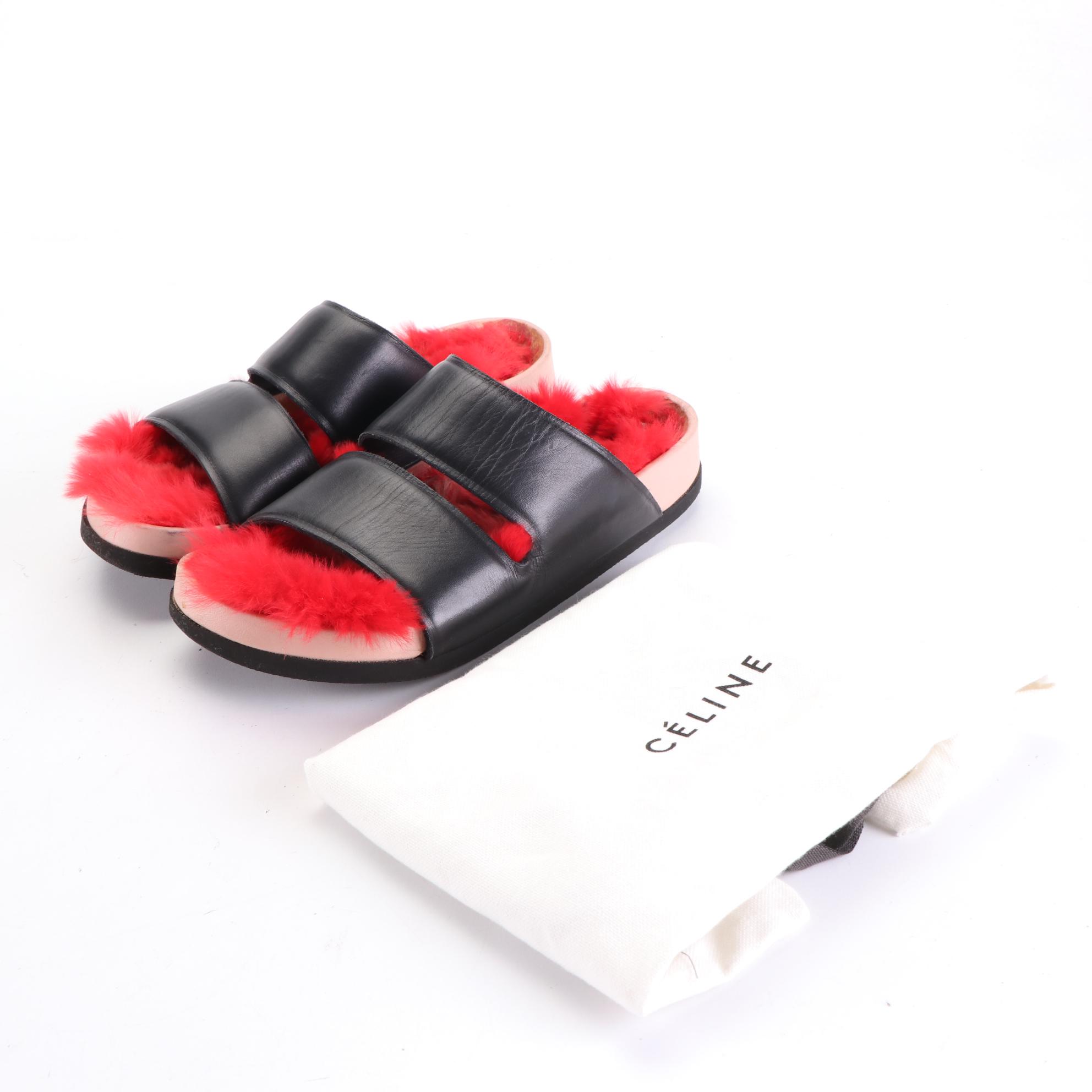 Cèline Slide Sandals in Leather with Fur Trim