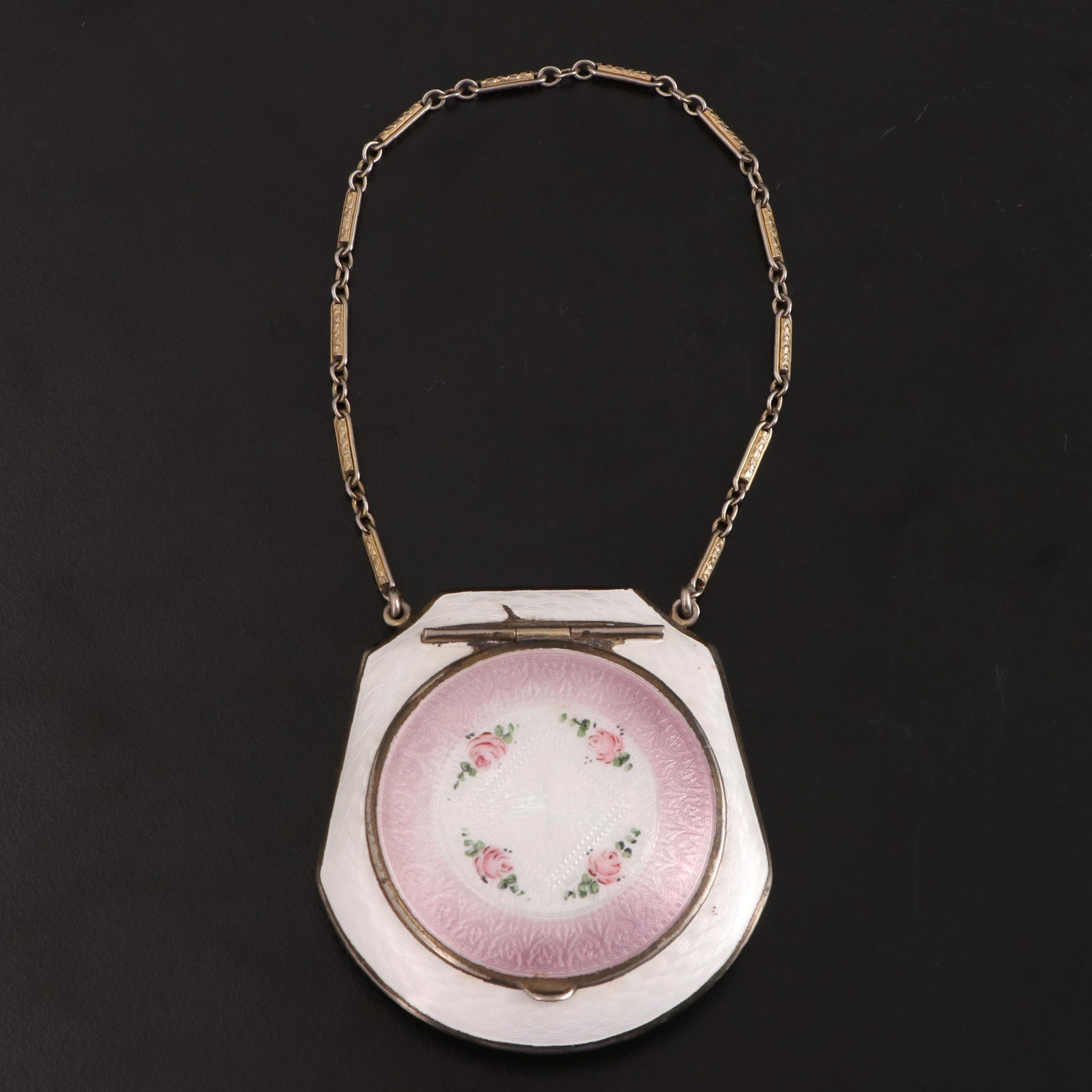 Art Deco Guilloche Enamel and Silver Plate Make-up Compact Wristlet