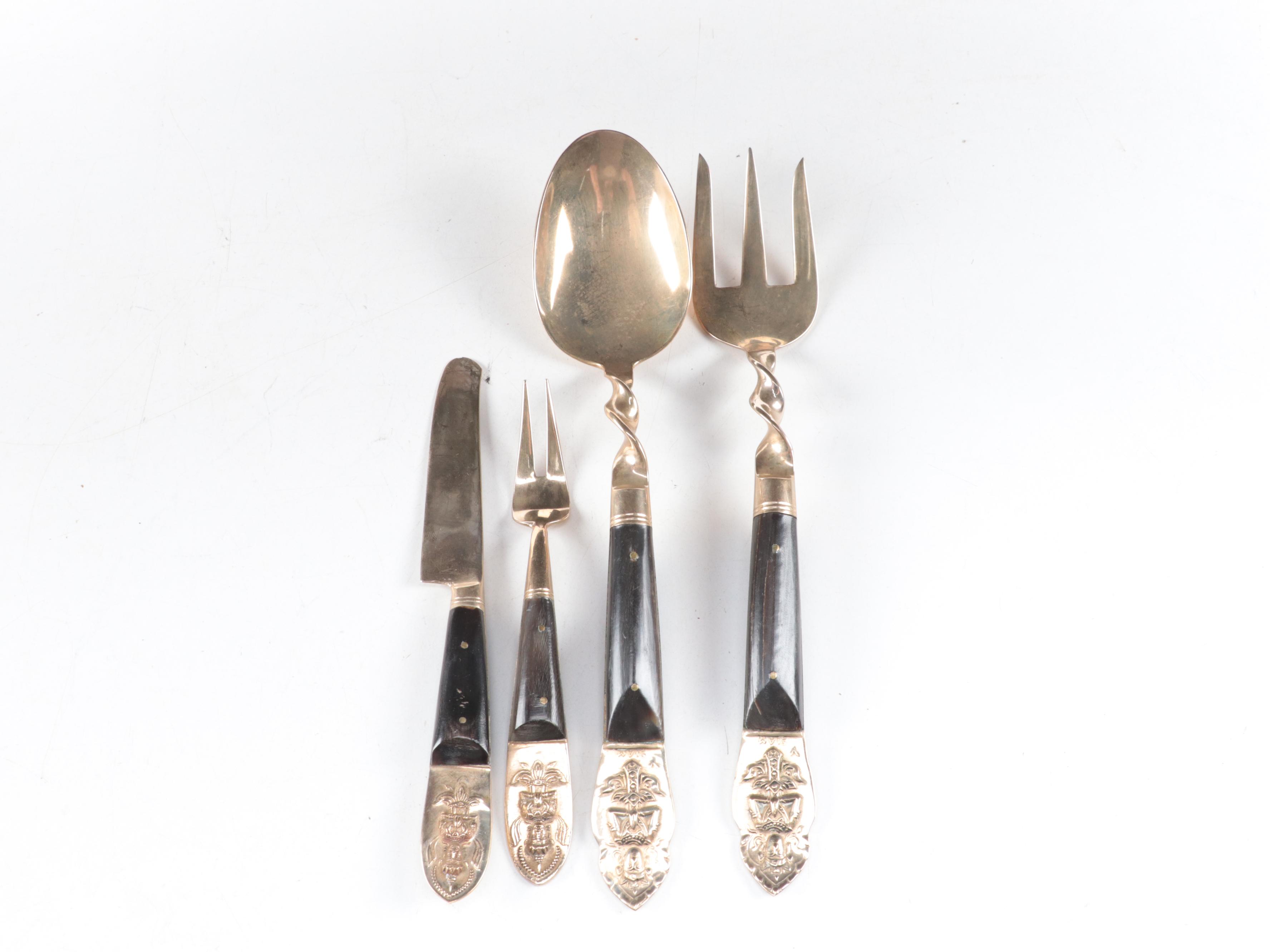 Stinthal China Celery Dish with Brass Chambersticks and Utensils