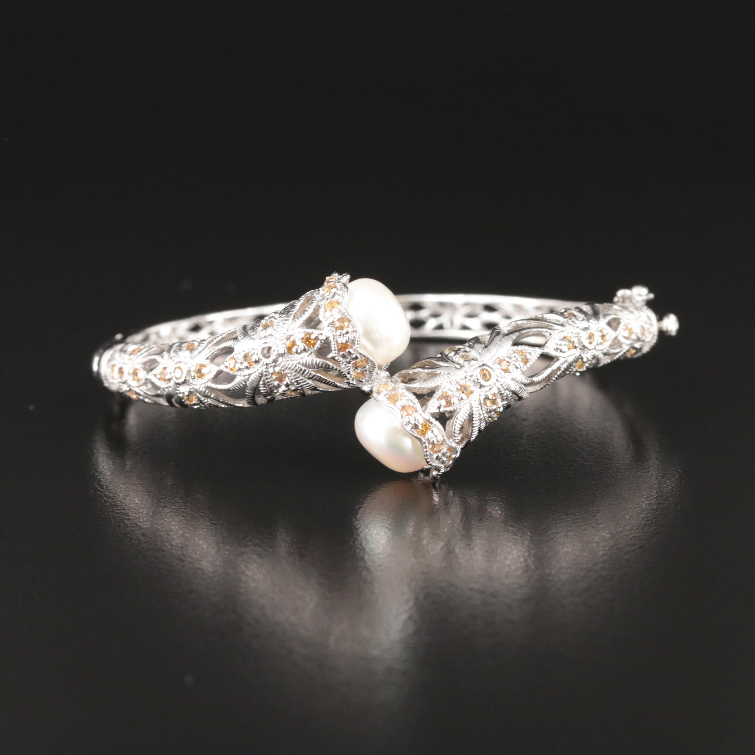 Sterling Pearl and Sapphire Bypass Hinged Bangle