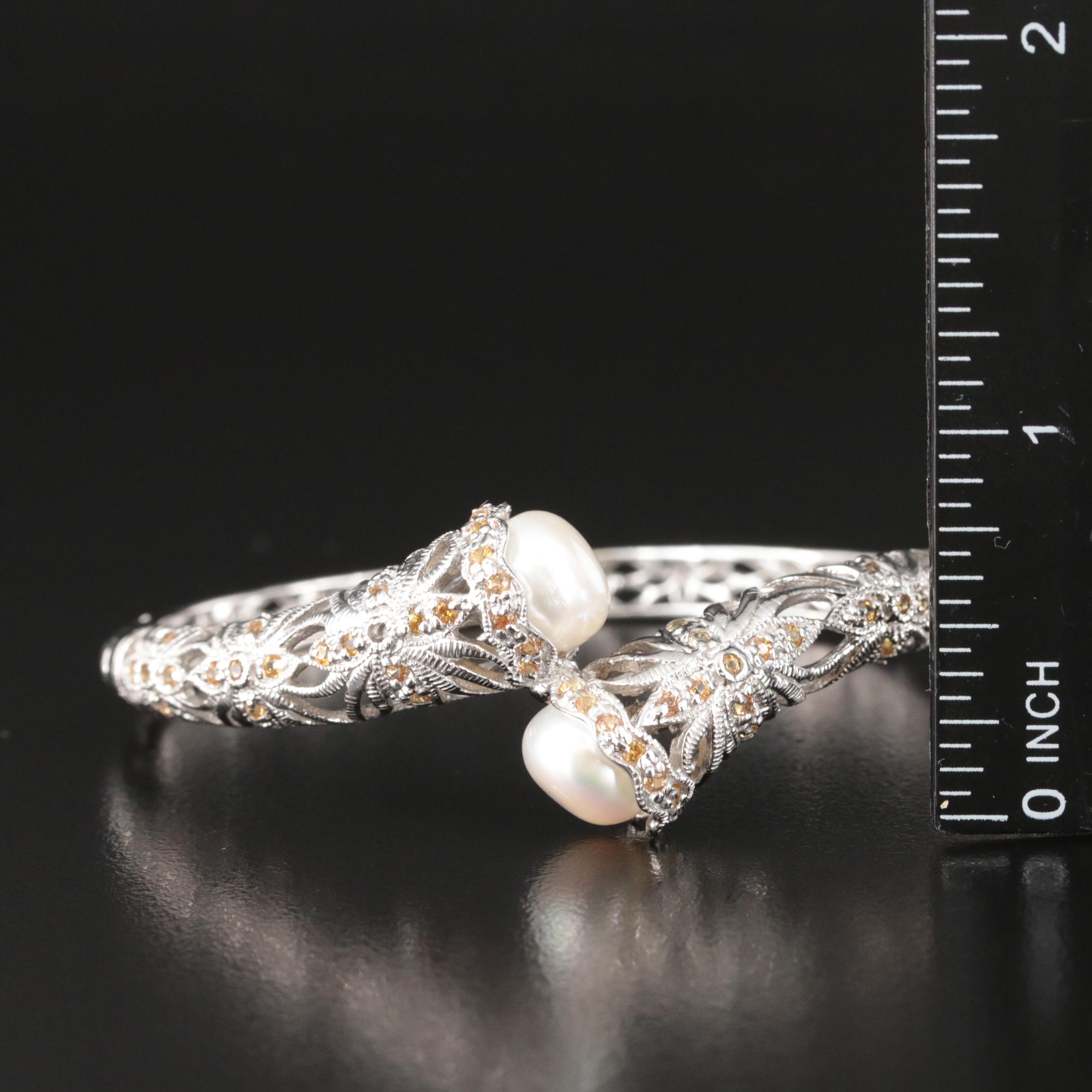 Sterling Pearl and Sapphire Bypass Hinged Bangle