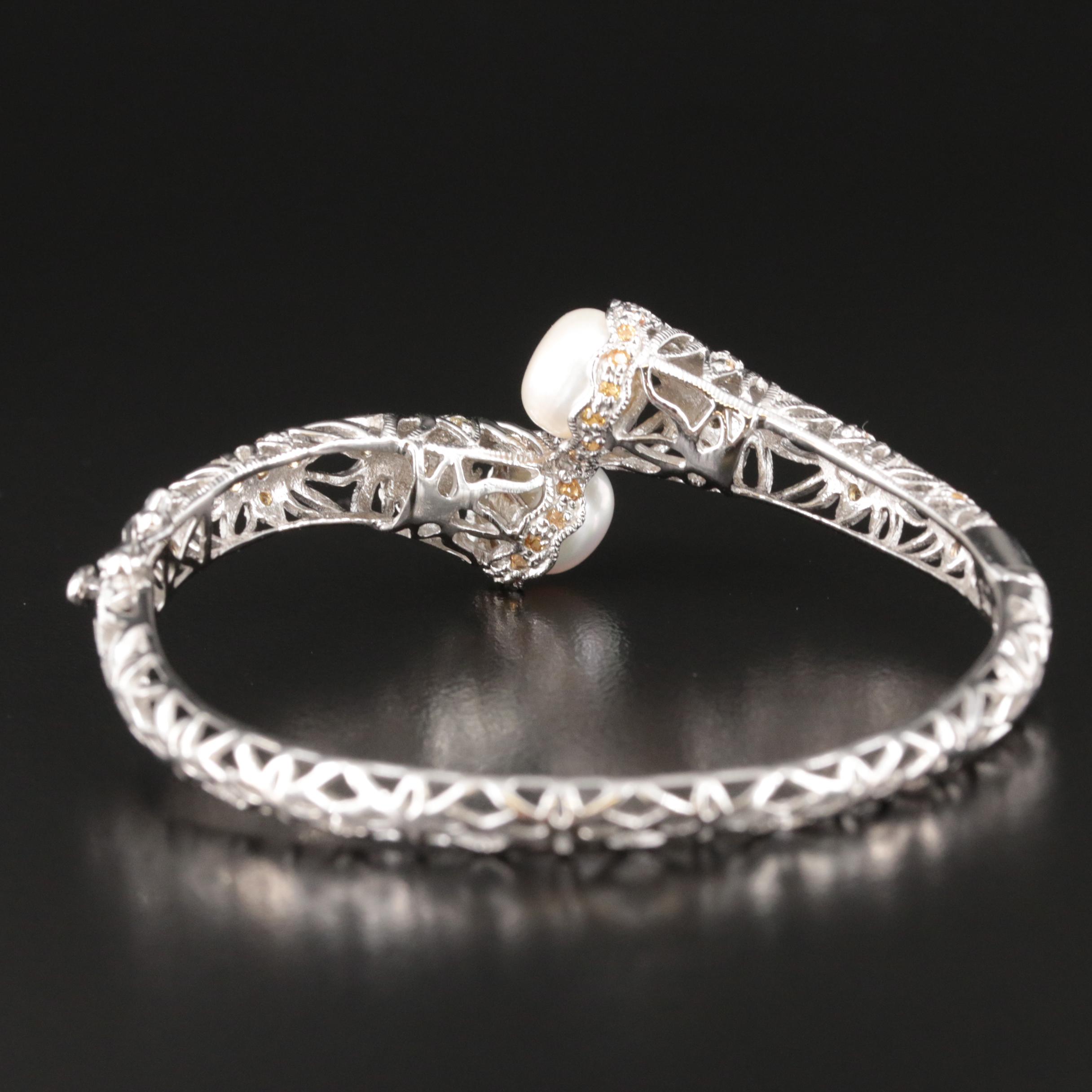 Sterling Pearl and Sapphire Bypass Hinged Bangle