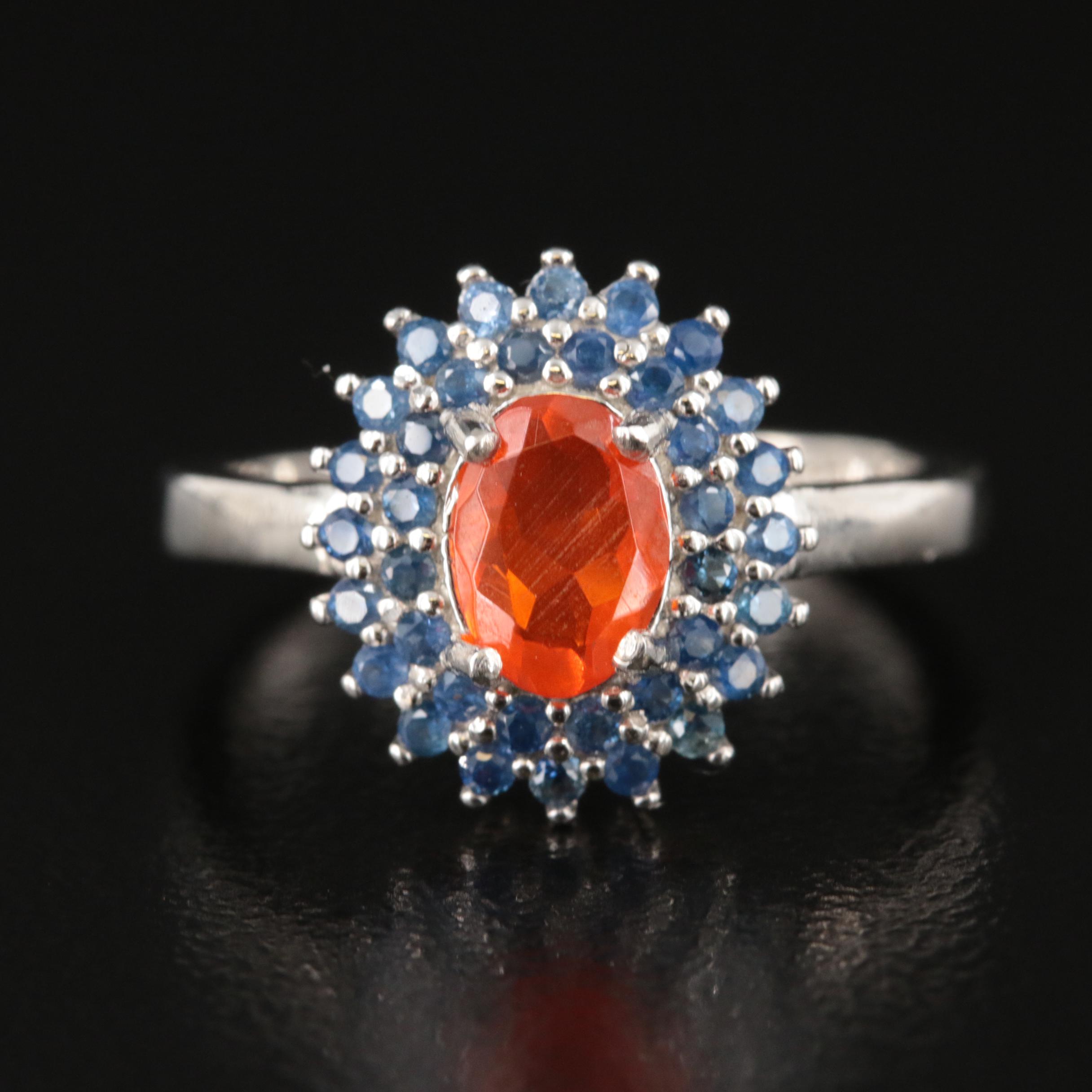 Sterling Fire Opal and Sapphire Ring