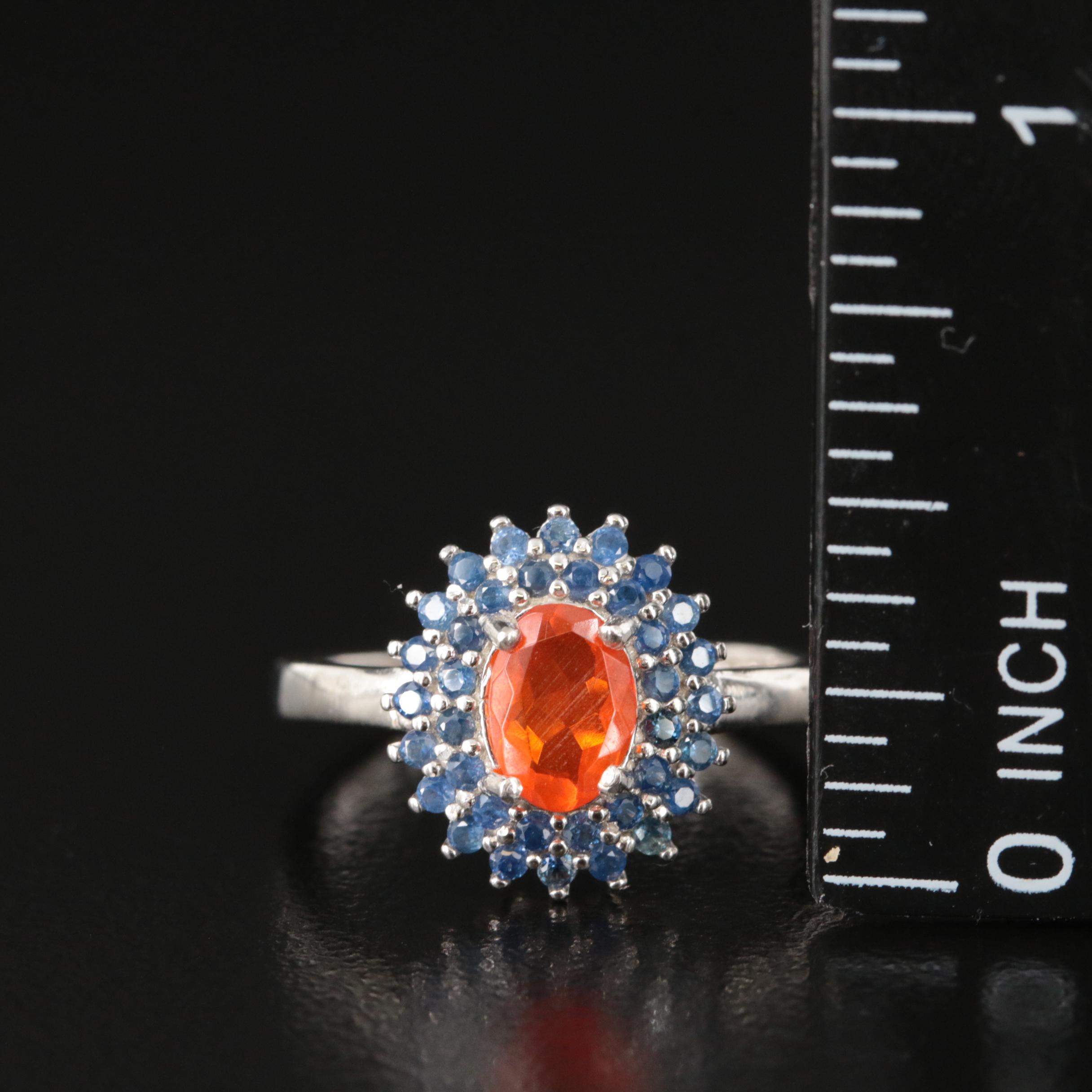 Sterling Fire Opal and Sapphire Ring