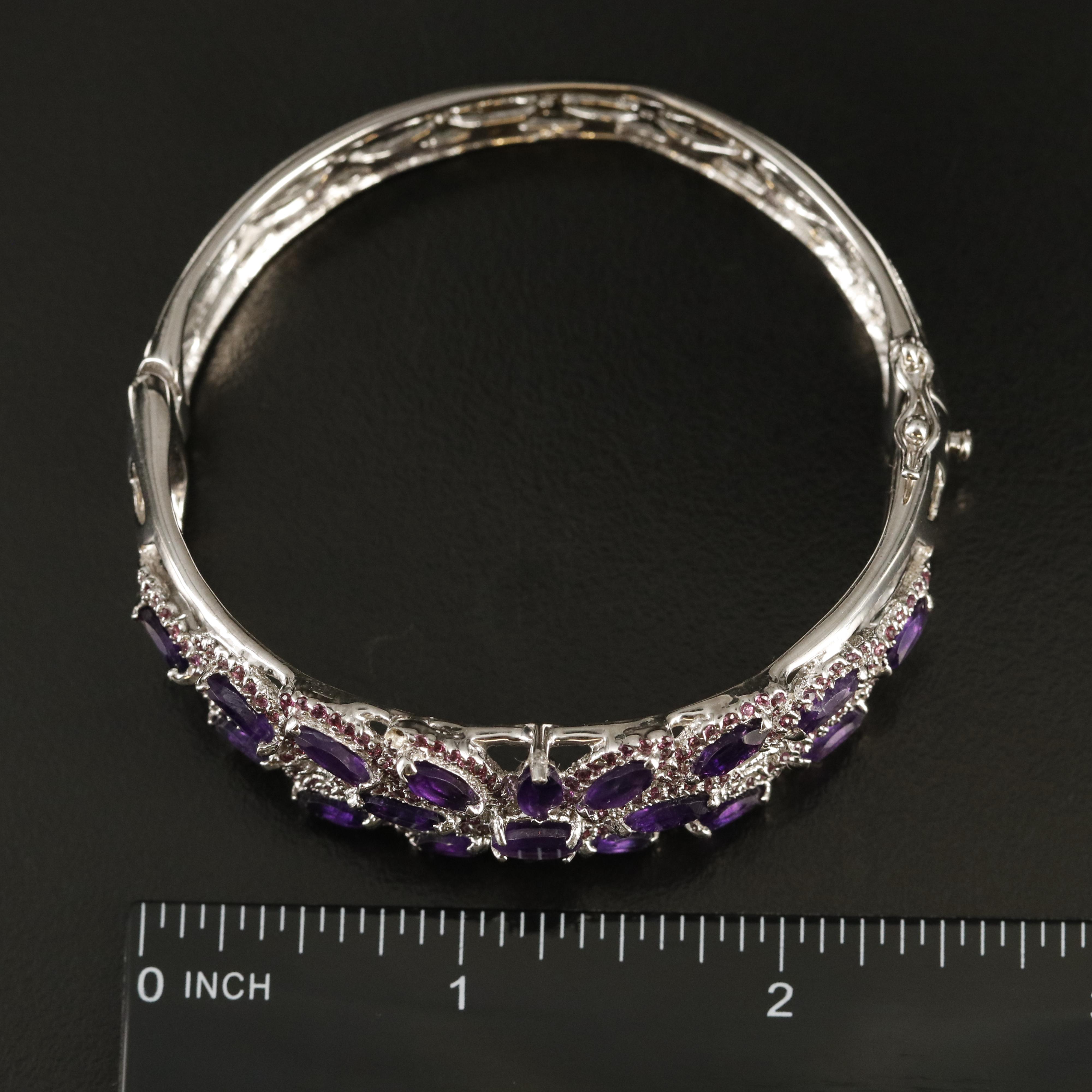Sterling Amethyst and Rhodolite Garnet Openwork Hinged Bangle