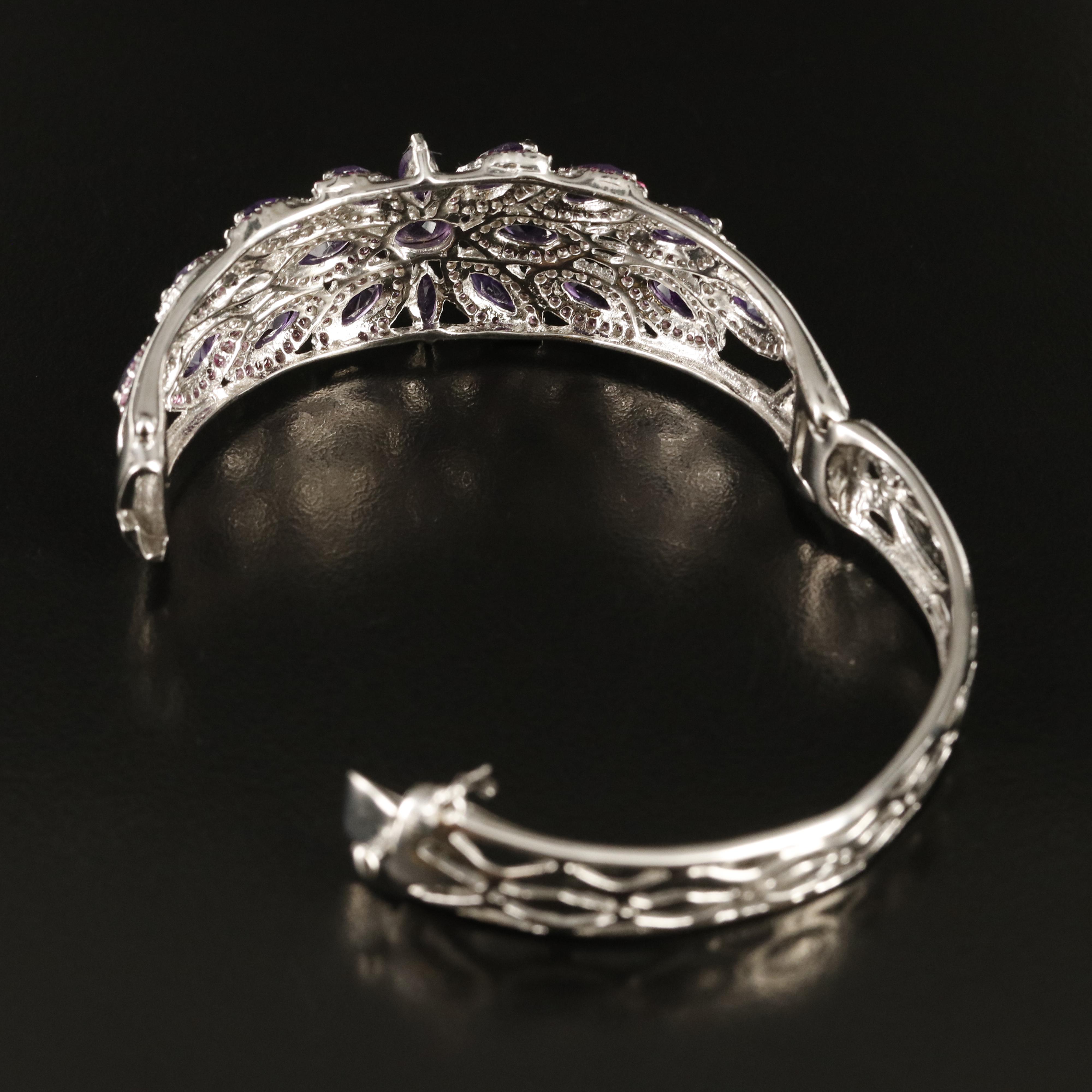 Sterling Amethyst and Rhodolite Garnet Openwork Hinged Bangle