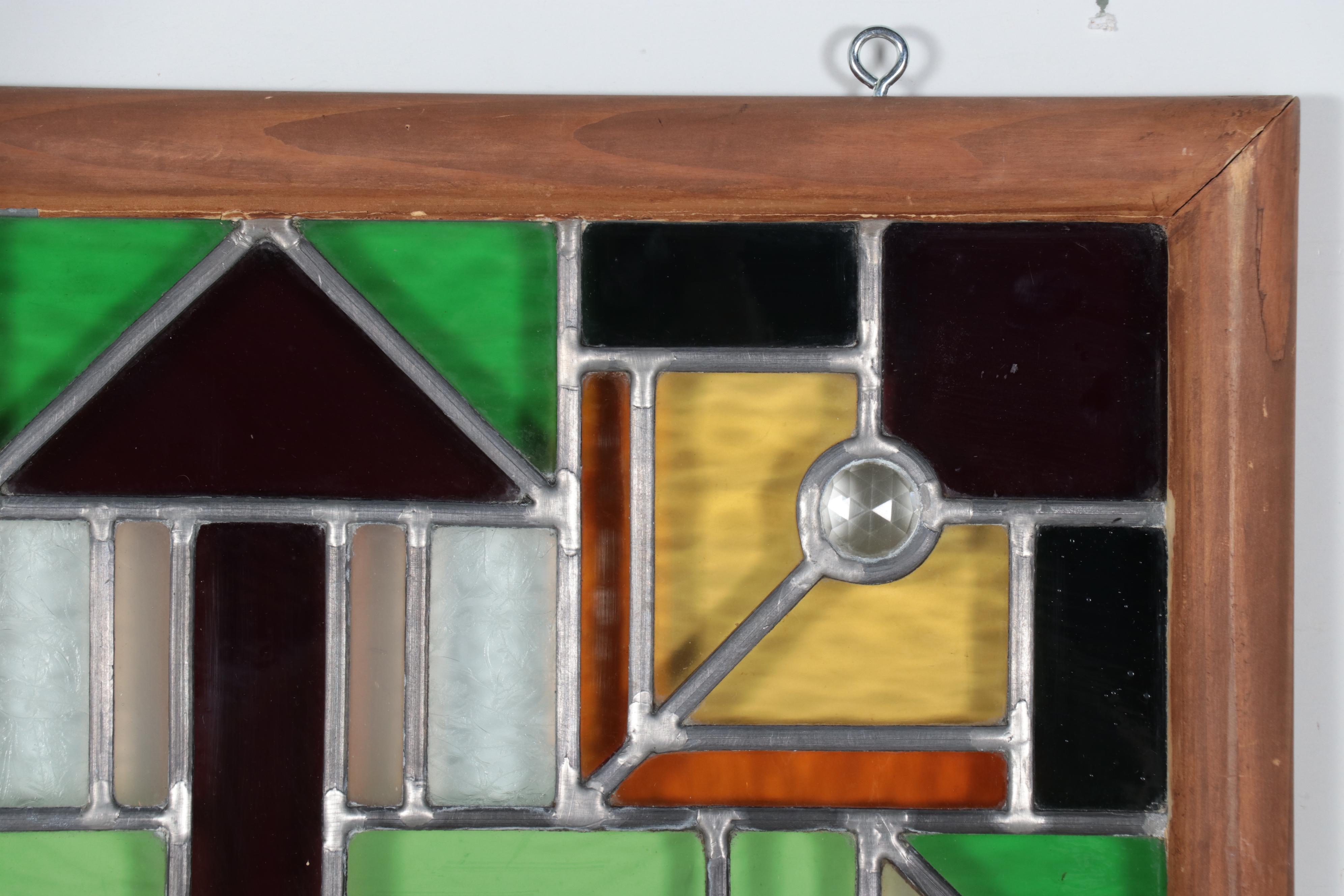 Geometric Stained and Etched Glass Hanging Panel