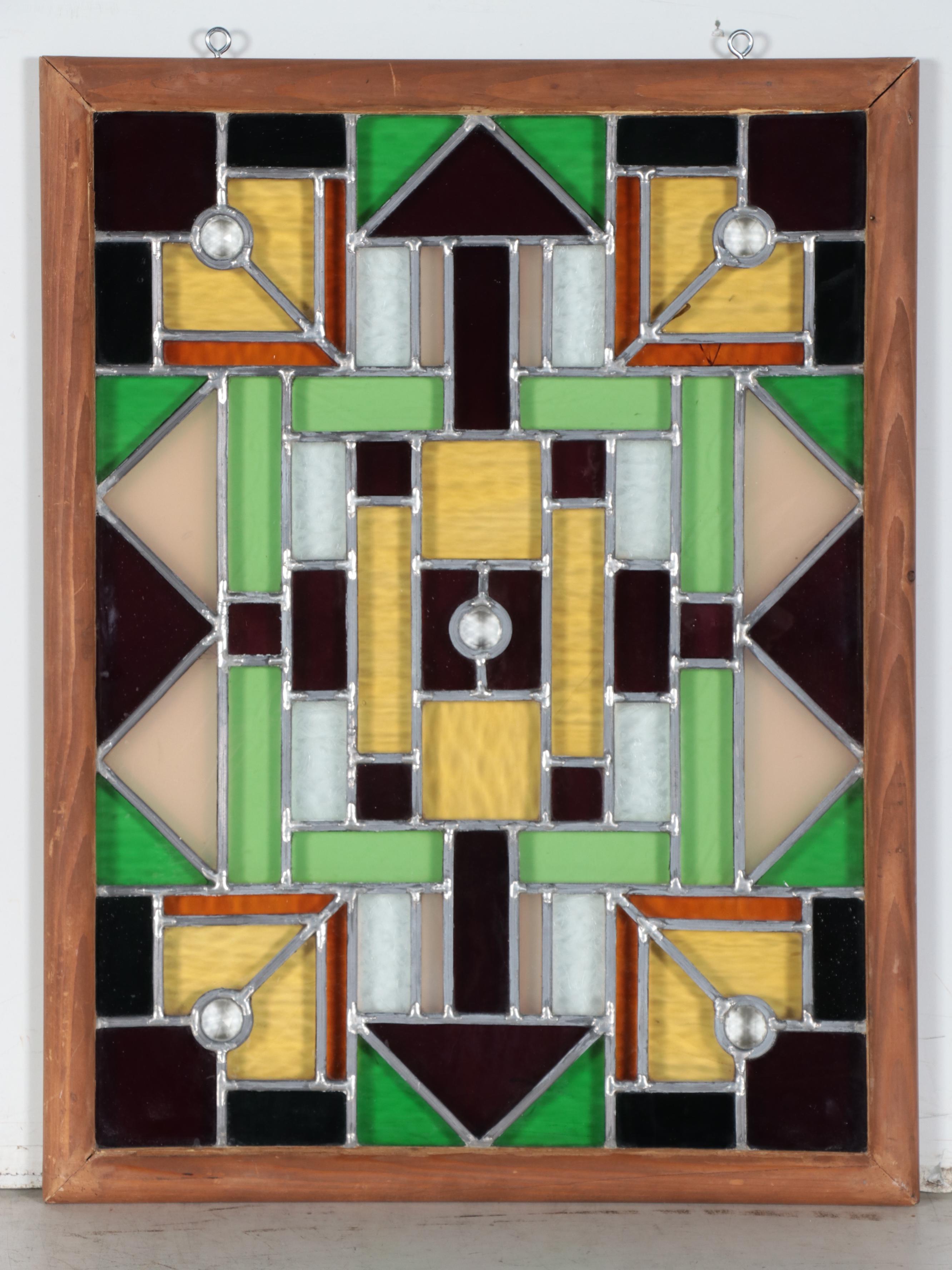 Geometric Stained and Etched Glass Hanging Panel