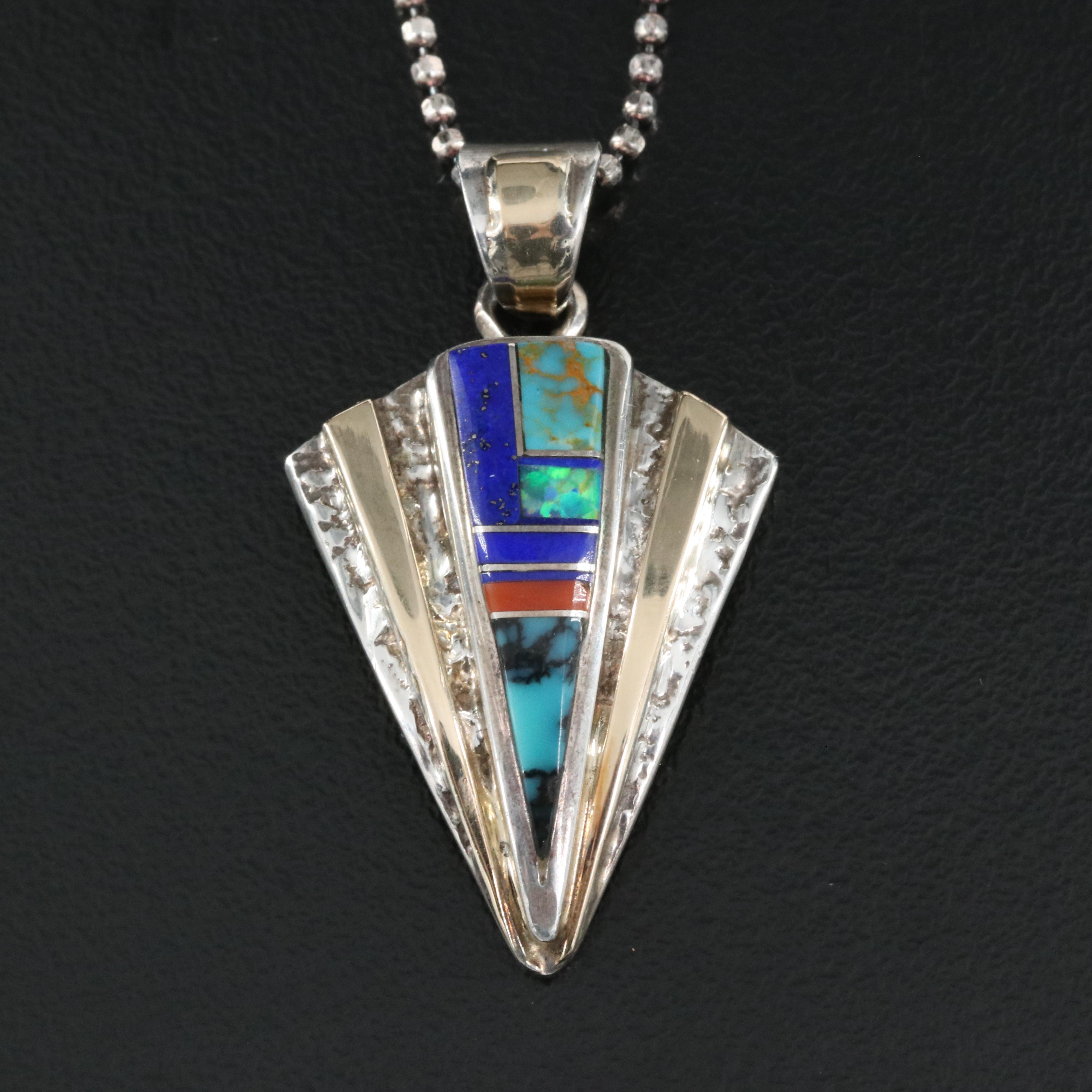 Southwestern Signed Sterling Pendant Necklace Including Lapis Lazuli and Coral